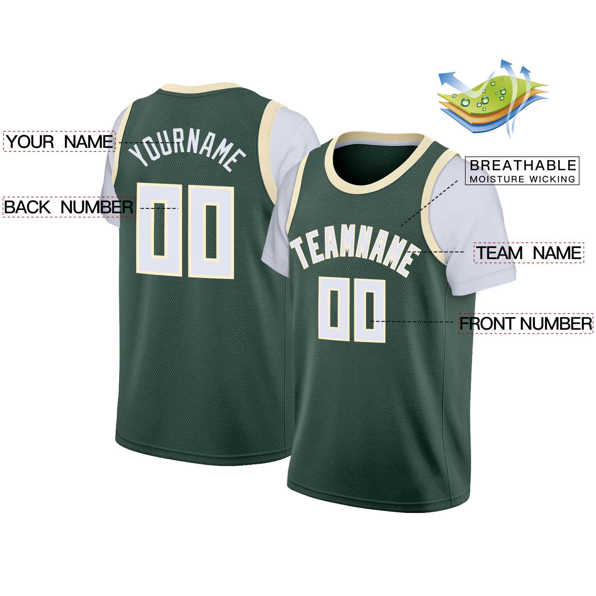 Custom Hunter Green White-Cream Classic Tops Casual Fake Sleeve Basketball Jersey - Image 2