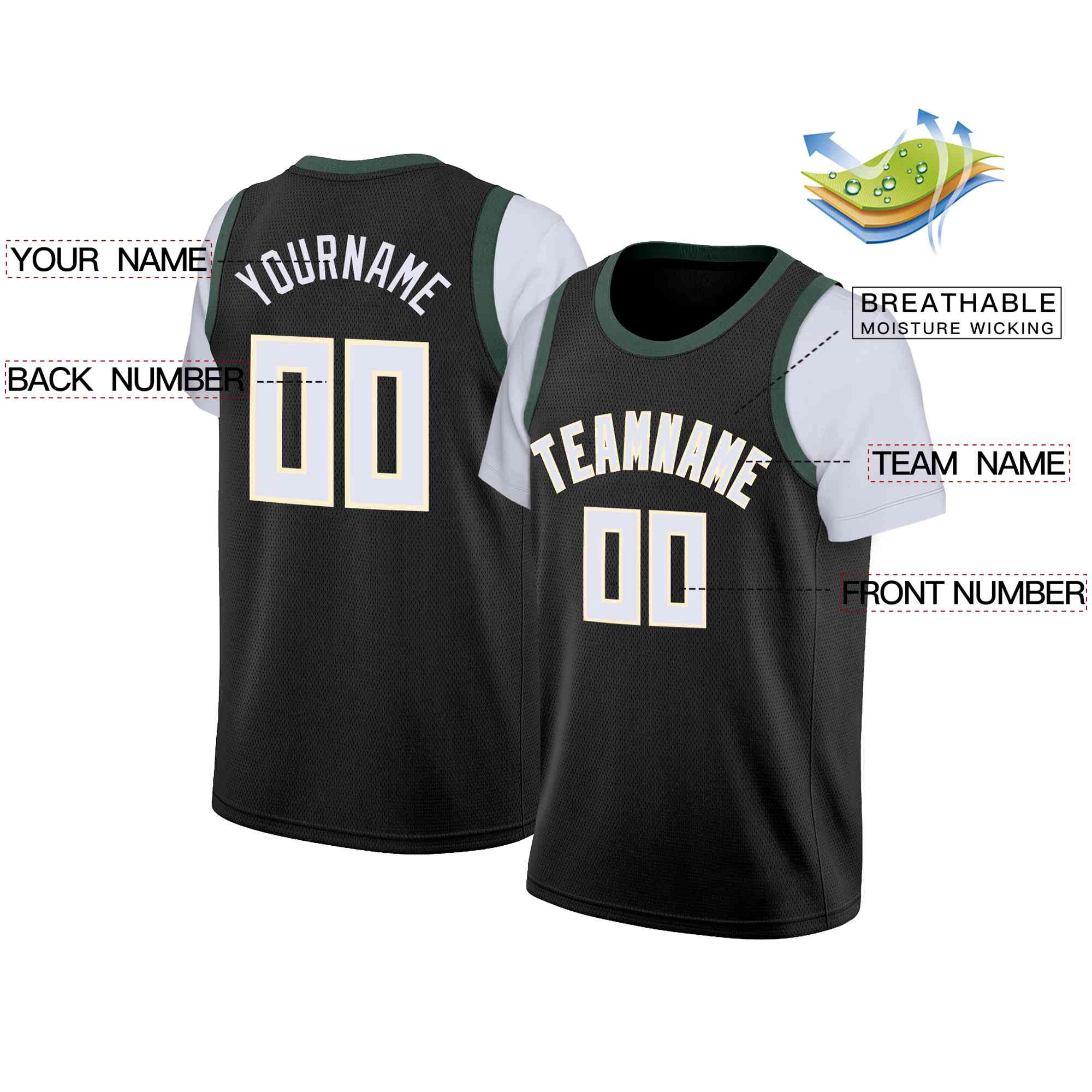 Custom Black White-Cream Classic Tops Casual Fake Sleeve Basketball Jersey - Image 2