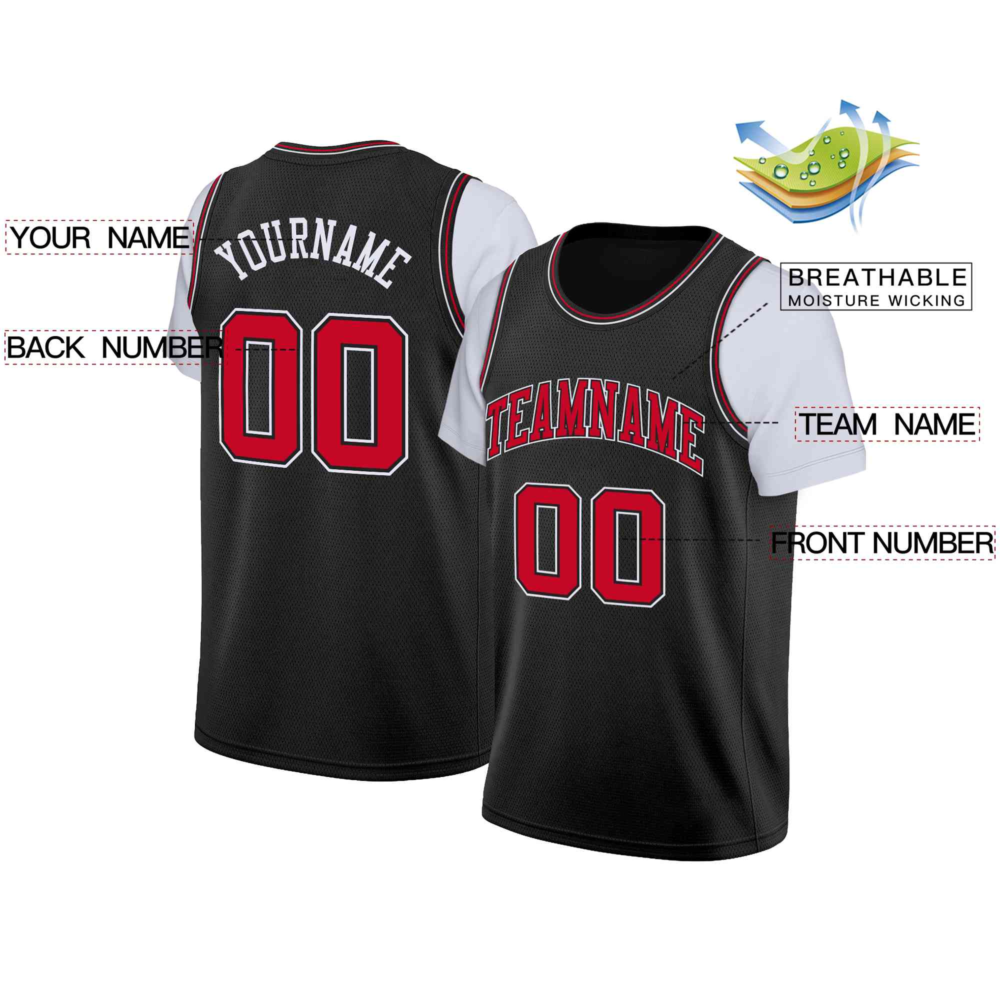 Custom Black Red-Black Classic Tops Casual Fake Sleeve Basketball Jersey - Image 2