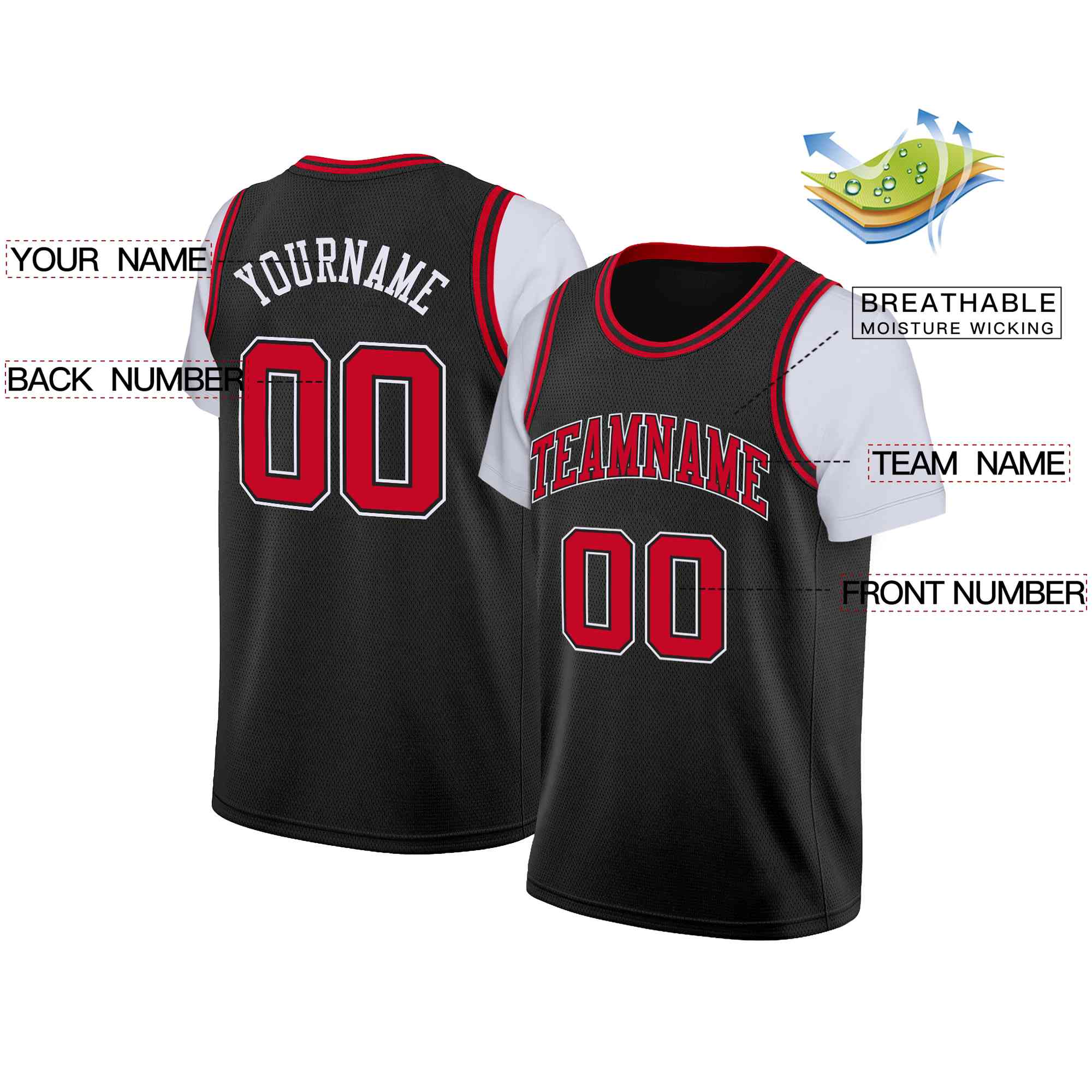 Custom Black Red-Black Classic Tops Casual Fake Sleeve Basketball Jersey - Image 2