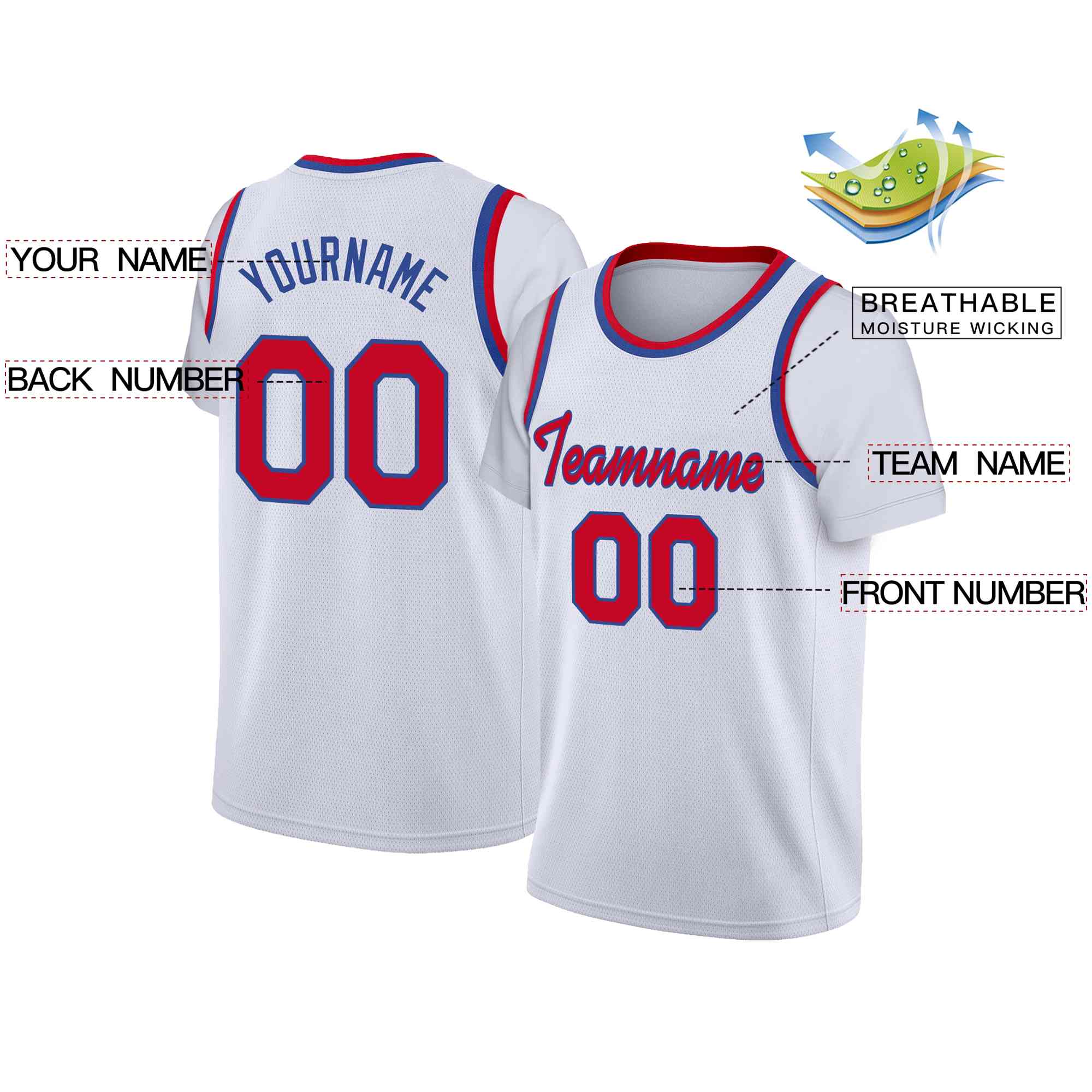 Custom White Red-Blue Classic Tops Casual Fake Sleeve Basketball Jersey - Image 2