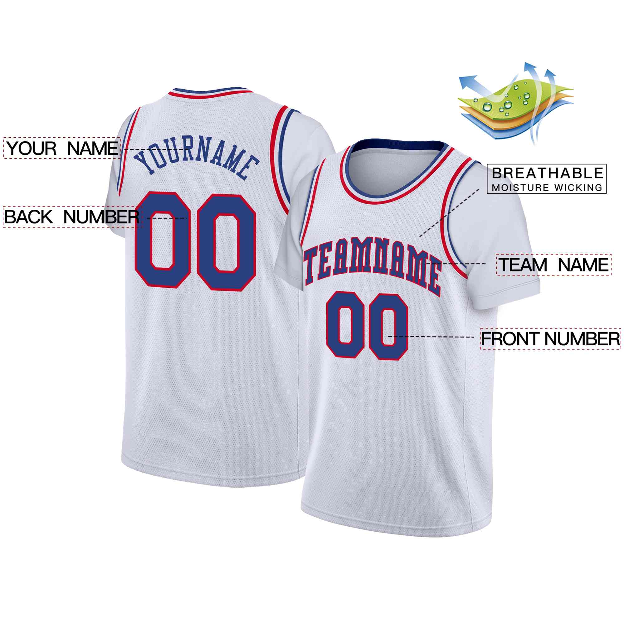 Custom White Blue-Red Classic Tops Casual Fake Sleeve Basketball Jersey - Image 2