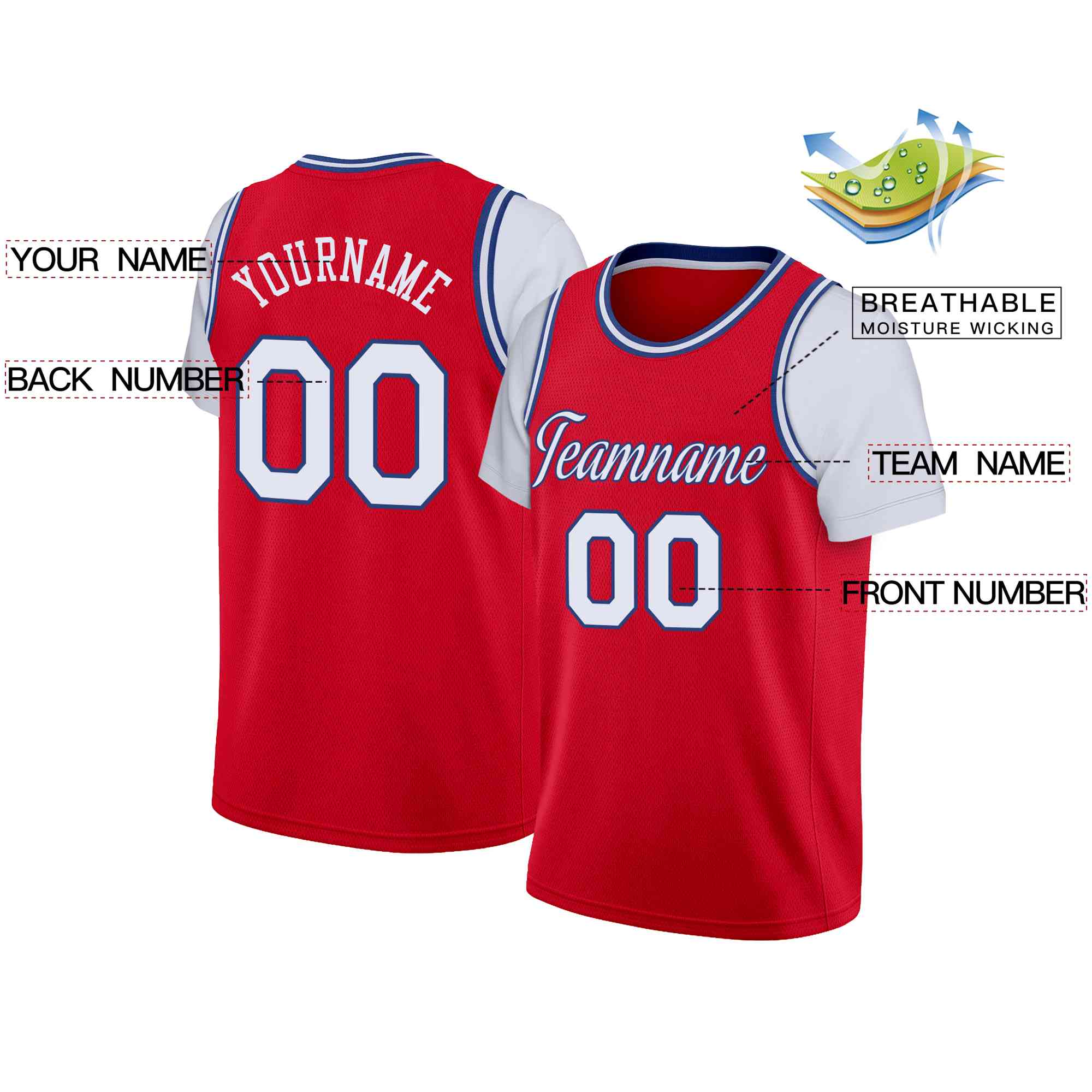 Custom Red White-Blue Classic Tops Casual Fake Sleeve Basketball Jersey - Image 2