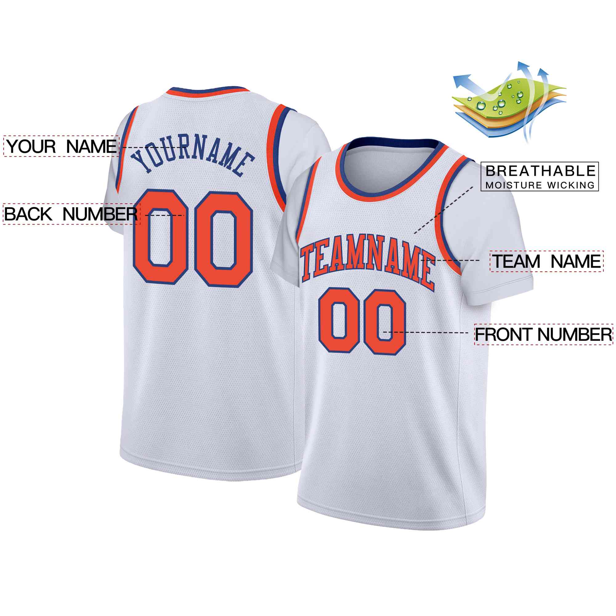 Custom White Orange-Blue Classic Tops Casual Fake Sleeve Basketball Jersey - Image 2