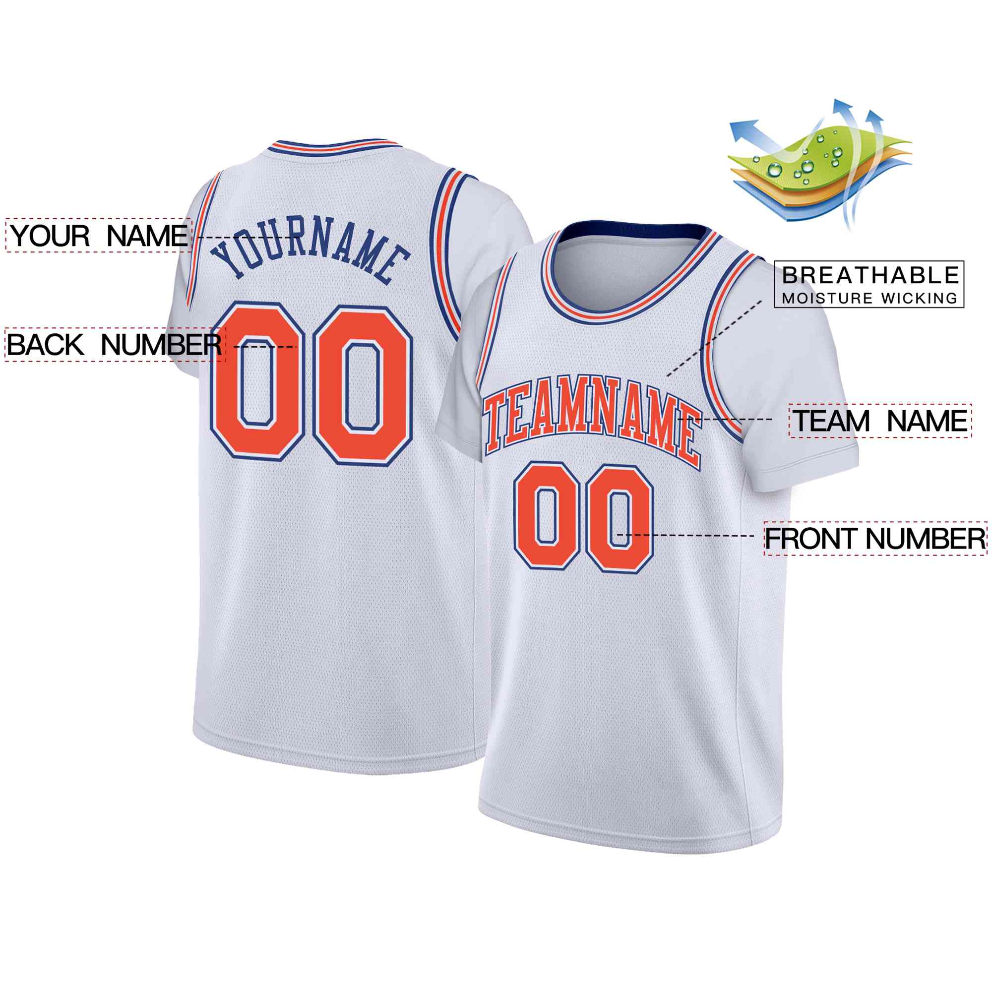 Custom White Orange-White Classic Tops Casual Fake Sleeve Basketball Jersey - Image 2