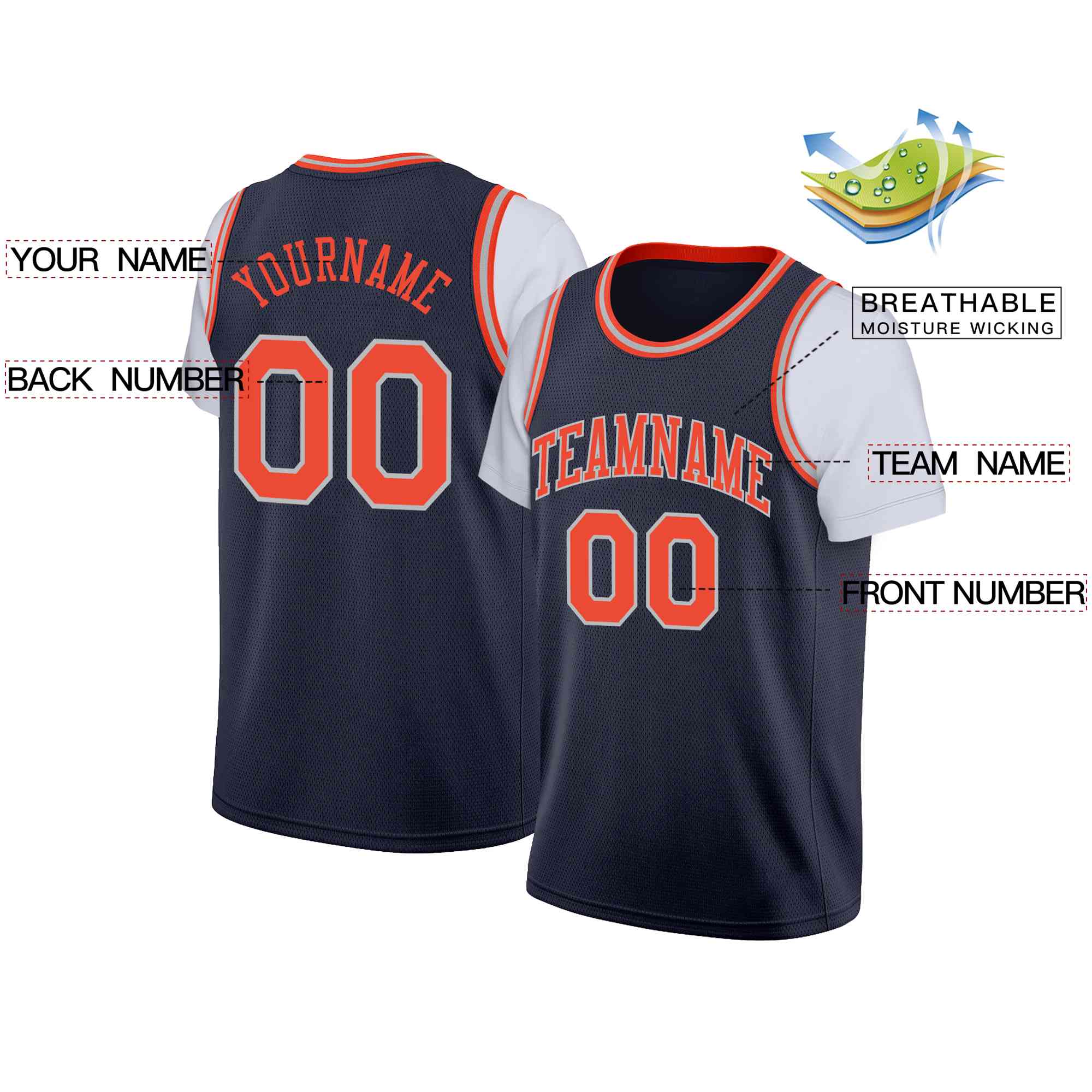 Custom Navy Orange-Gray Classic Tops Casual Fake Sleeve Basketball Jersey - Image 2