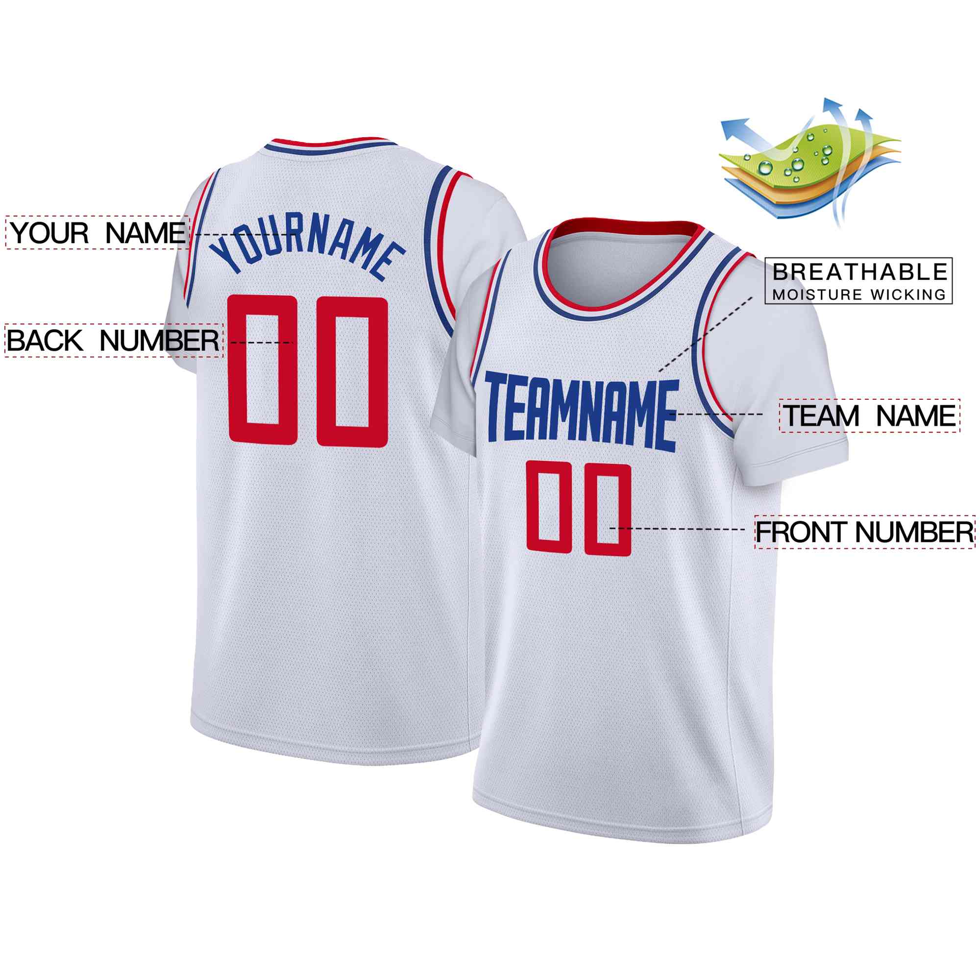 Custom White Blue Classic Tops Casual Fake Sleeve Basketball Jersey - Image 2