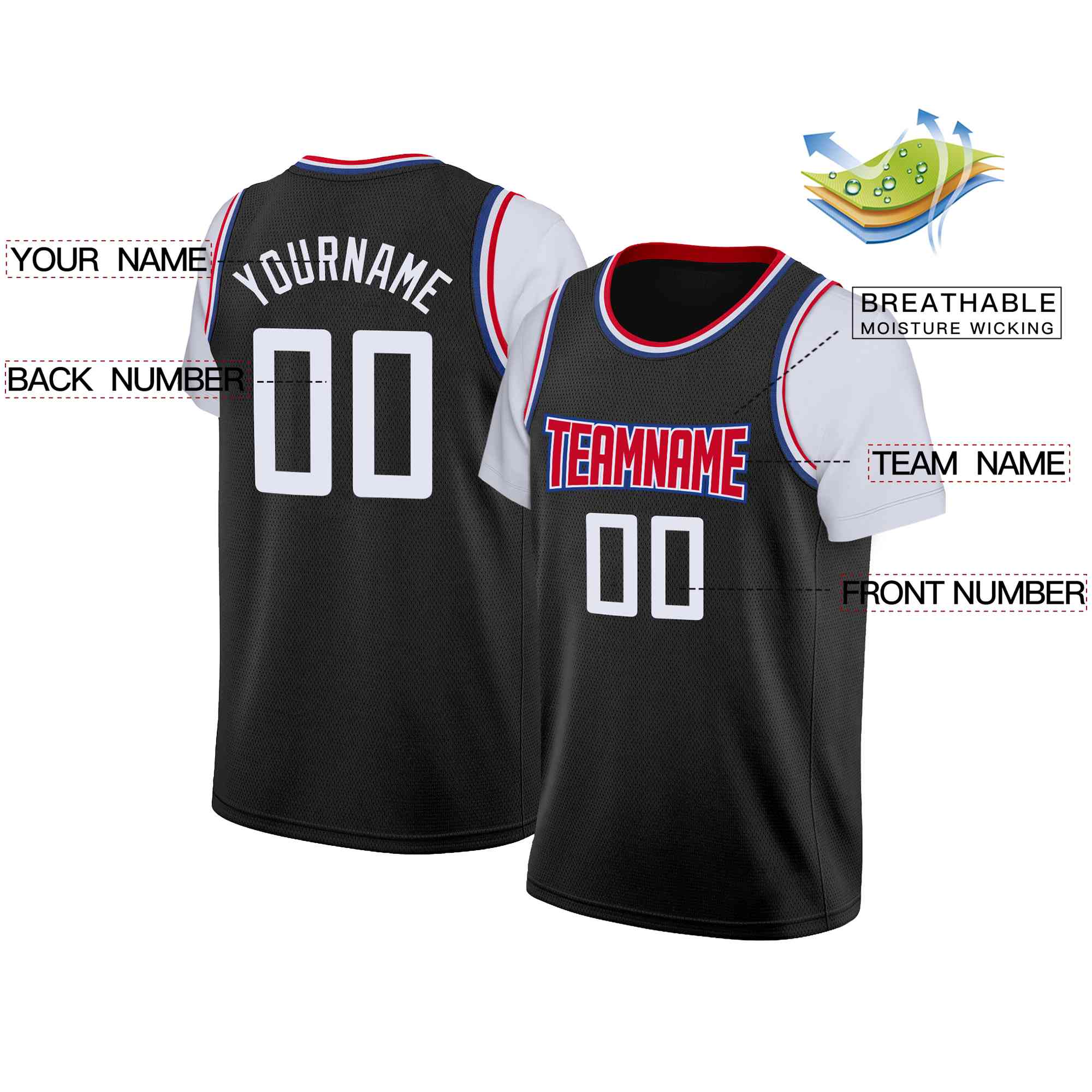 Custom Black Red-White Classic Tops Casual Fake Sleeve Basketball Jersey - Image 2