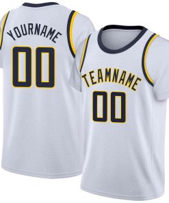 Custom White Navy-Yellow Classic Tops Casual Fake Sleeve Basketball Jersey