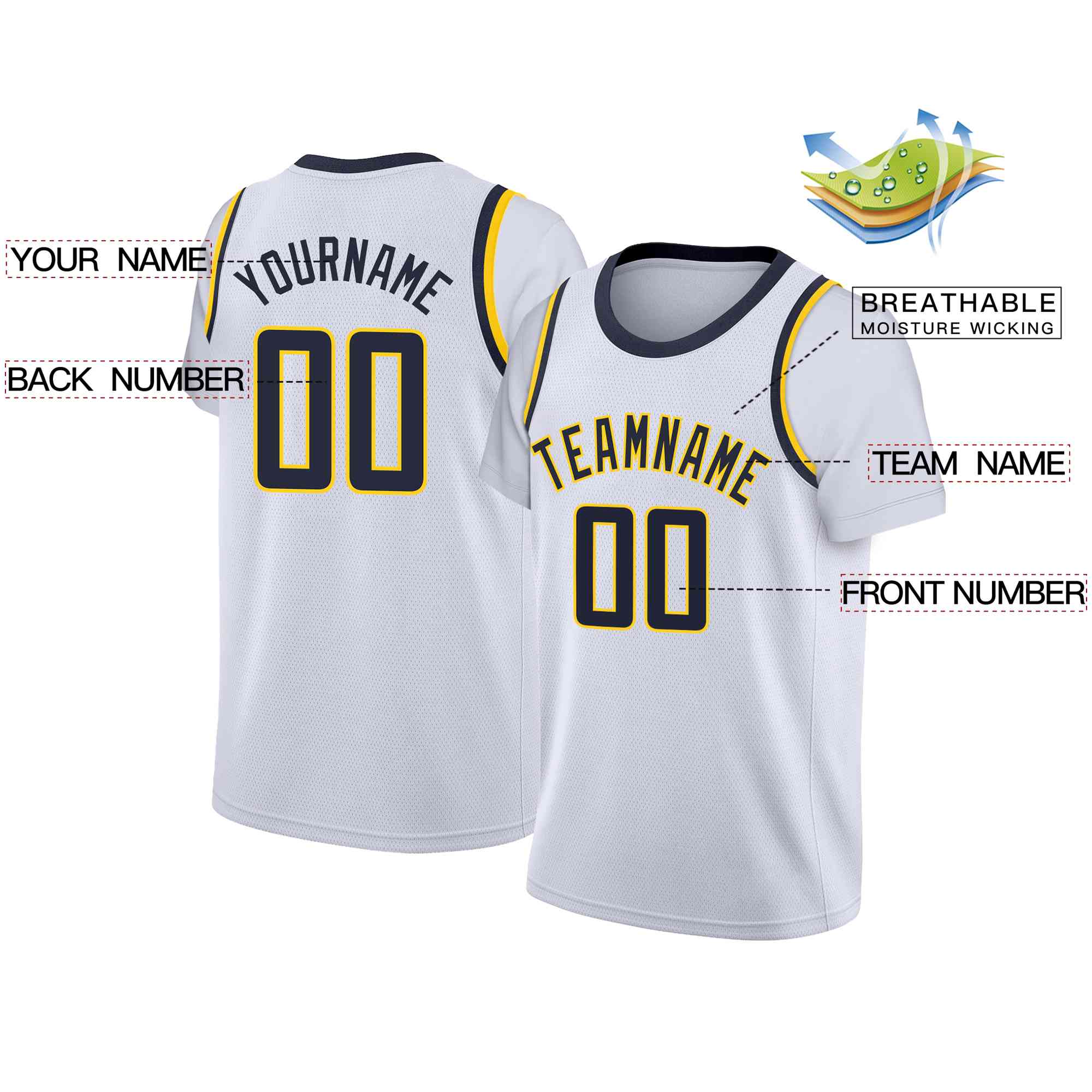 Custom White Navy-Yellow Classic Tops Casual Fake Sleeve Basketball Jersey - Image 2