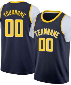 Custom Navy Yellow-White Classic Tops Casual Fake Sleeve Basketball Jersey