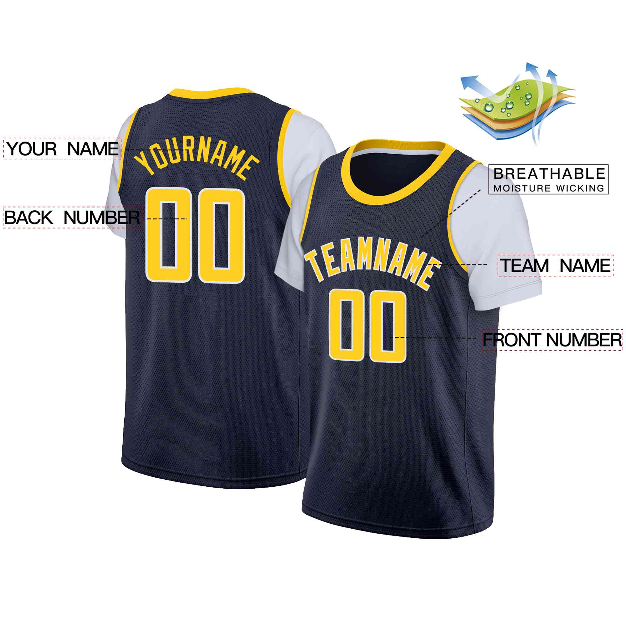 Custom Navy Yellow-White Classic Tops Casual Fake Sleeve Basketball Jersey - Image 2