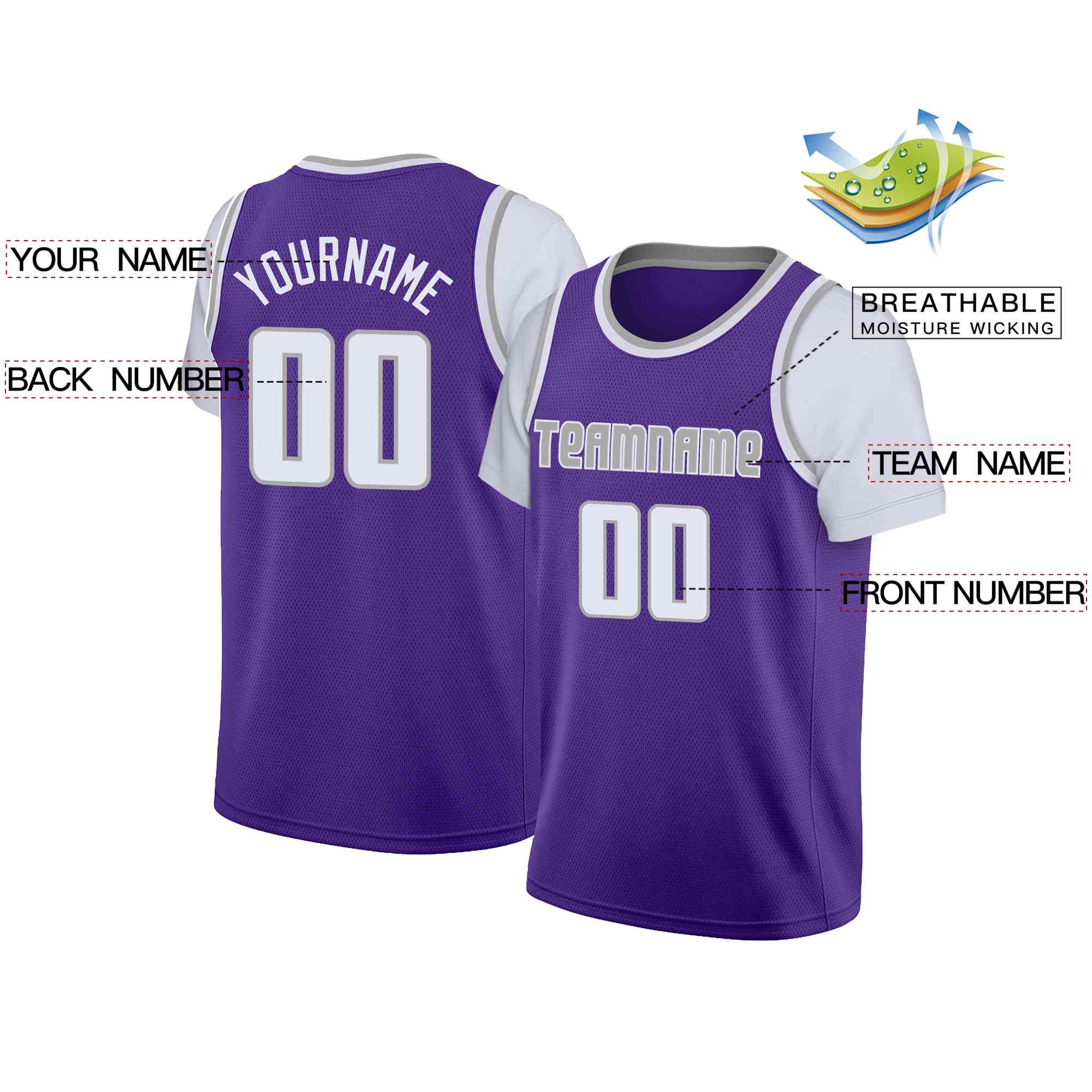 Custom Purple Gray-White Classic Tops Casual Fake Sleeve Basketball Jersey - Image 2
