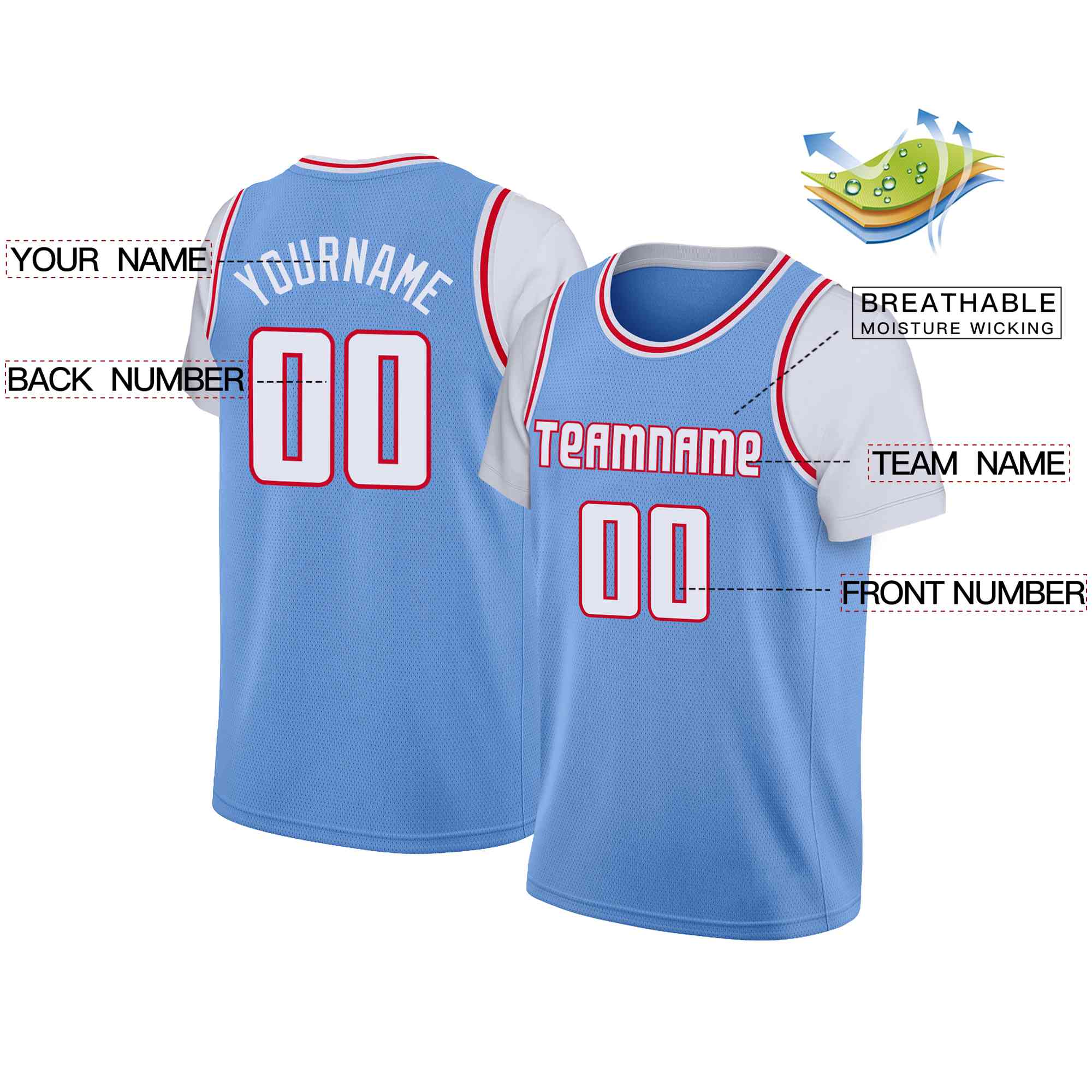 Custom Light Blue White-Red Classic Tops Casual Fake Sleeve Basketball Jersey - Image 2