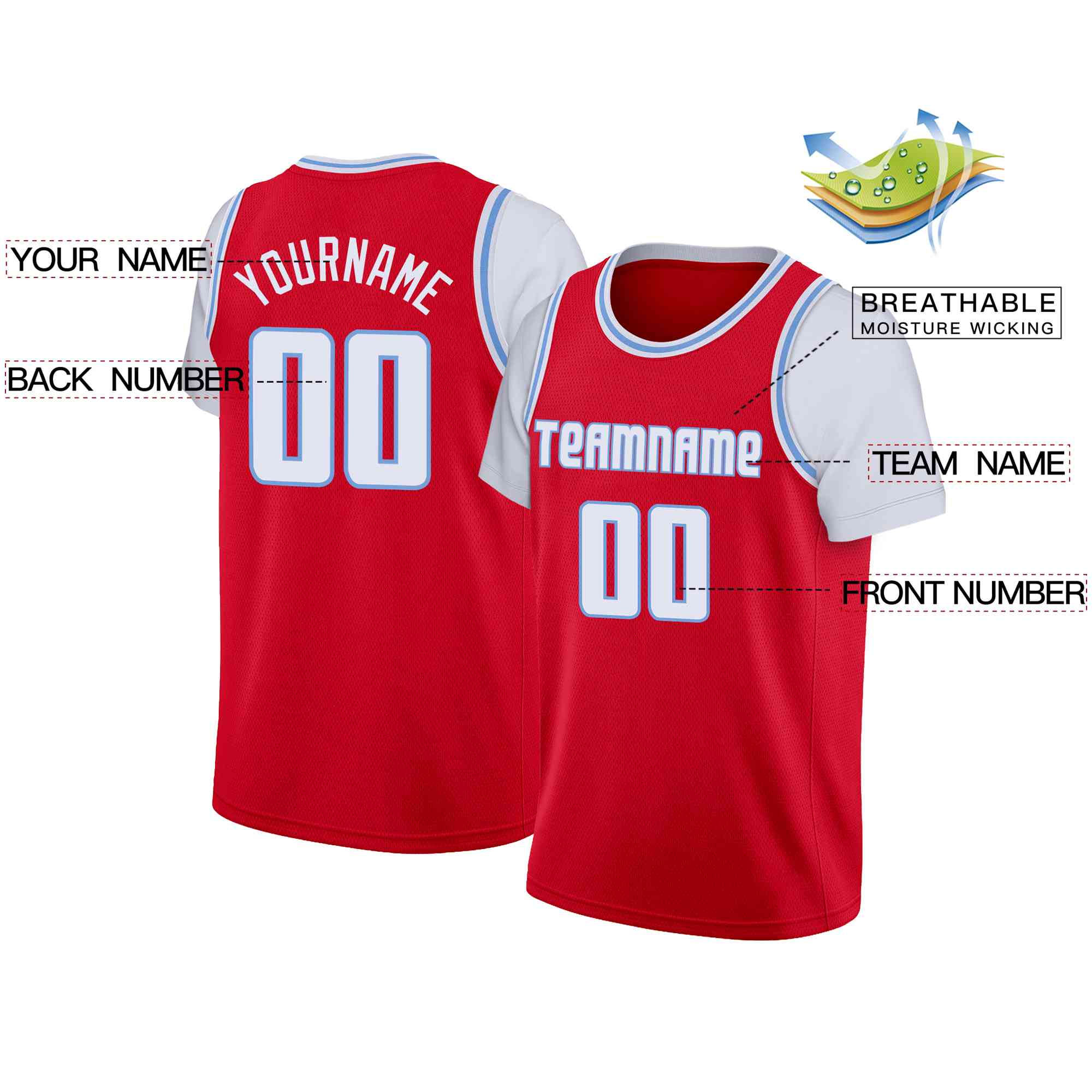 Custom Red White-Light Blue Classic Tops Casual Fake Sleeve Basketball Jersey - Image 2