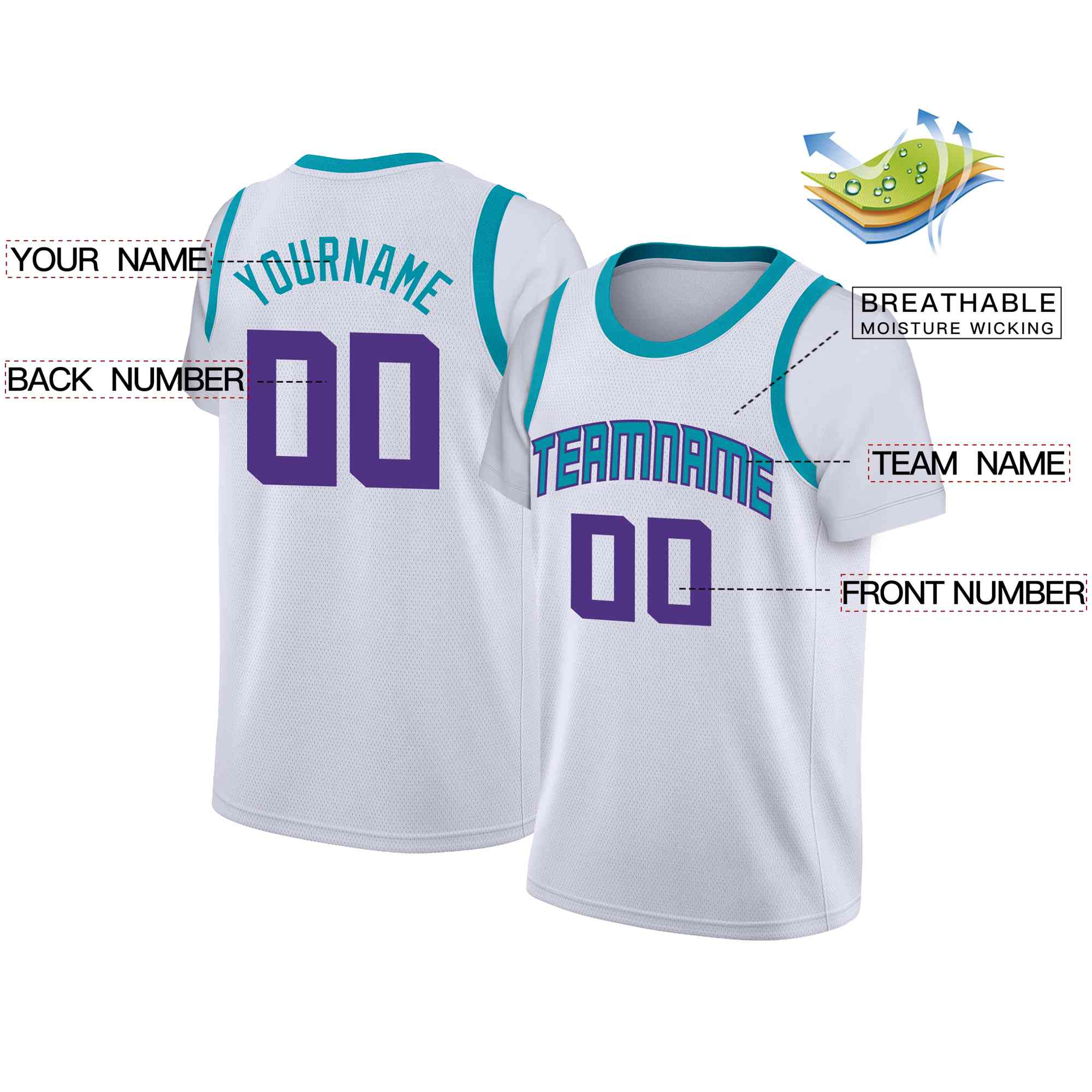 Custom White Light Blue-Purple Classic Tops Casual Fake Sleeve Basketball Jersey - Image 2