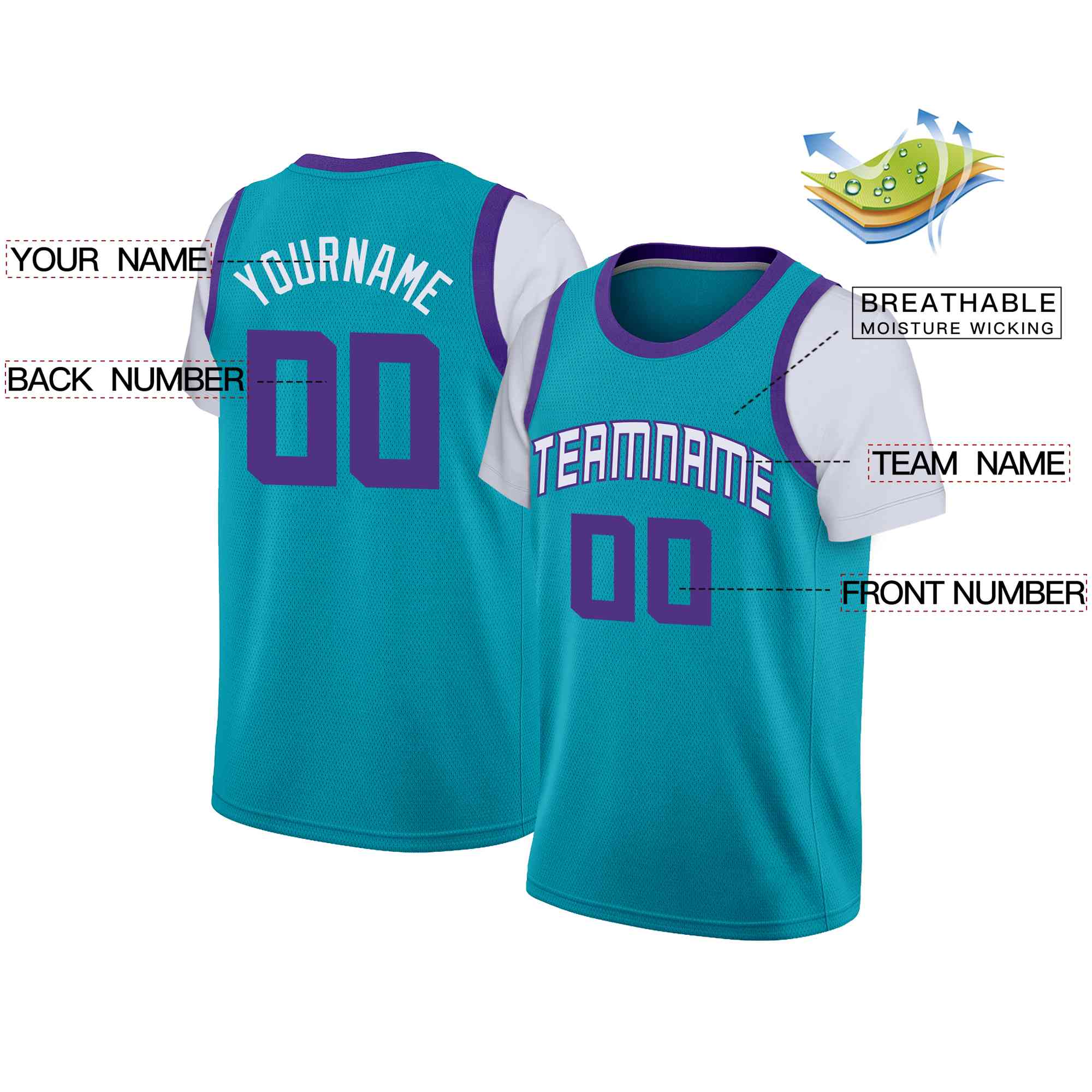 Custom Teal White-Purple Classic Tops Casual Fake Sleeve Basketball Jersey - Image 2