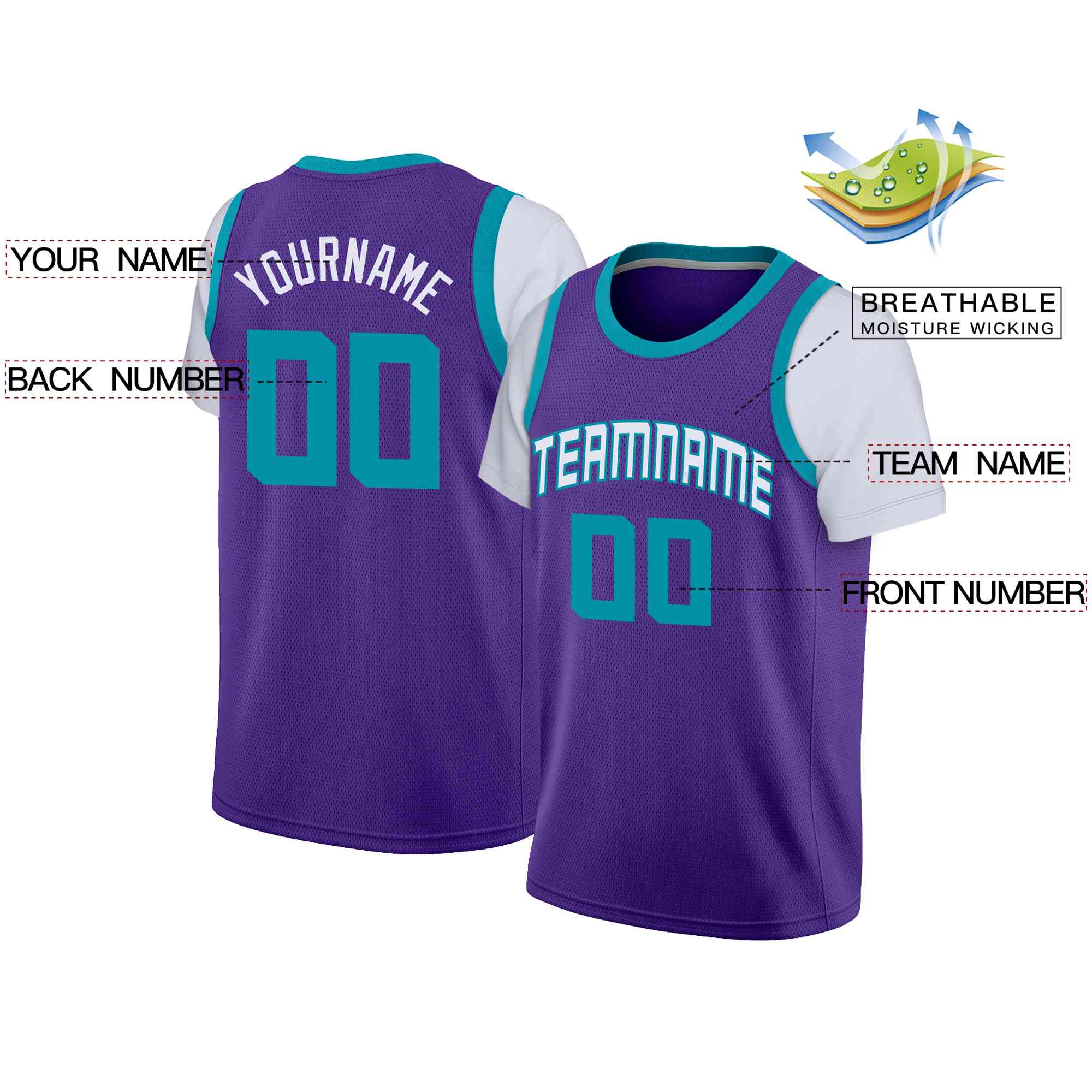 Custom Purple White-Teal Classic Tops Casual Fake Sleeve Basketball Jersey - Image 2