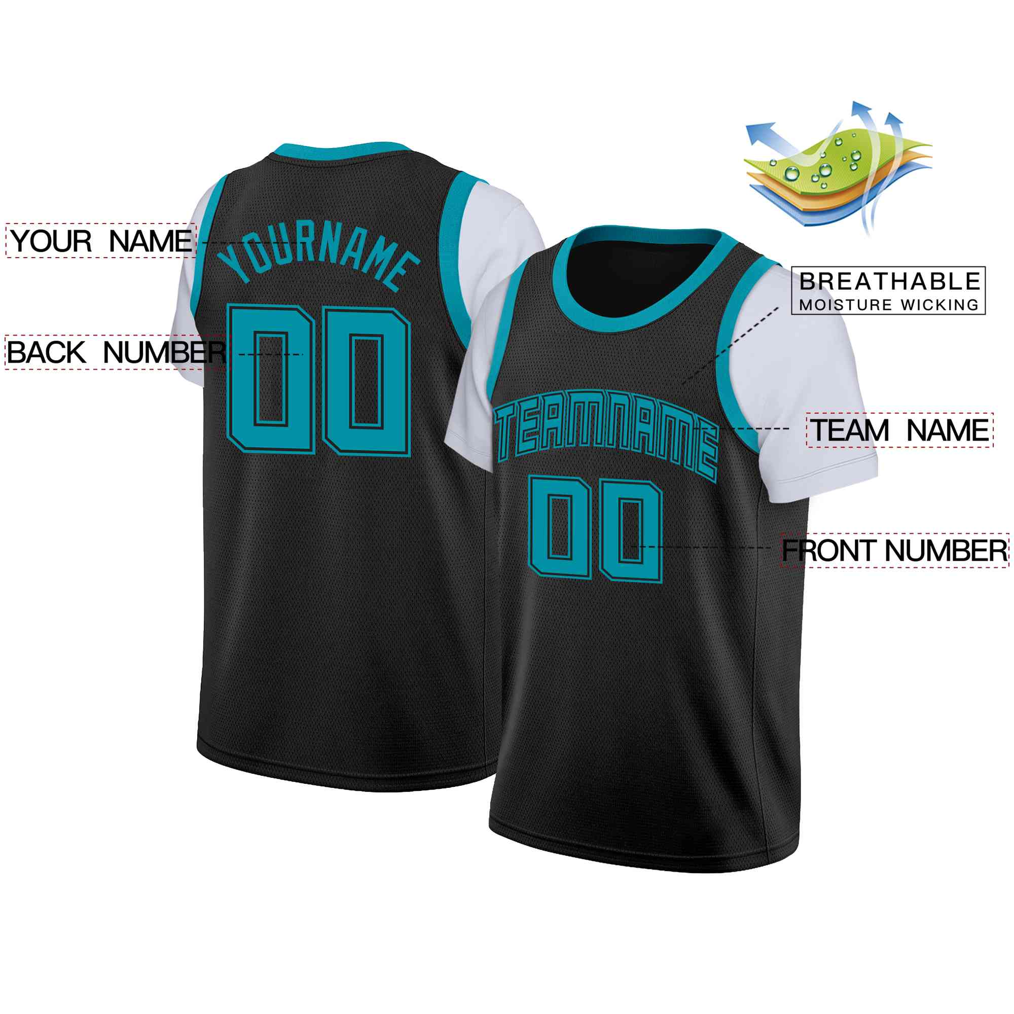 Custom Black Teal-Black Classic Tops Casual Fake Sleeve Basketball Jersey - Image 2