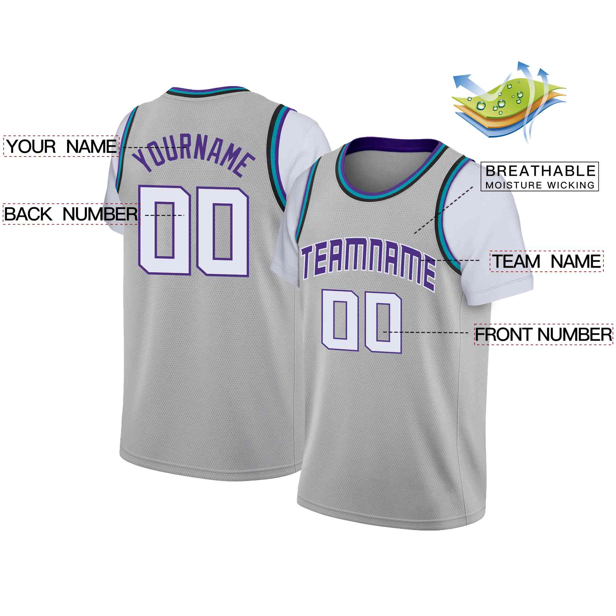 Custom Gray Purple-White Classic Tops Casual Fake Sleeve Basketball Jersey - Image 2