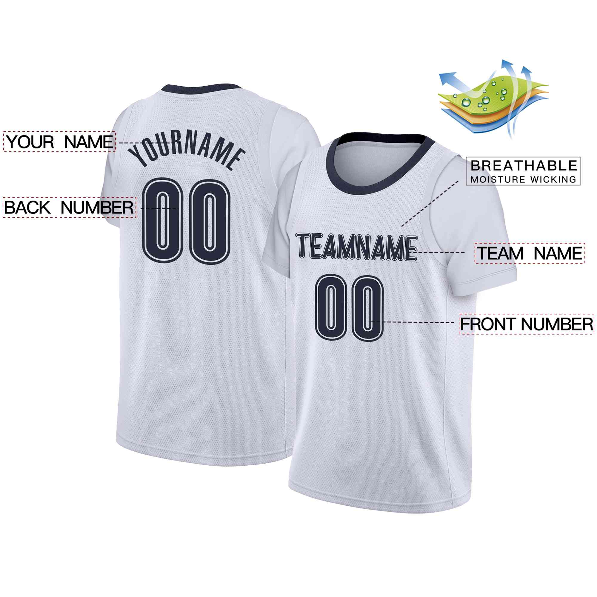 Custom White Navy Classic Tops Casual Fake Sleeve Basketball Jersey - Image 2