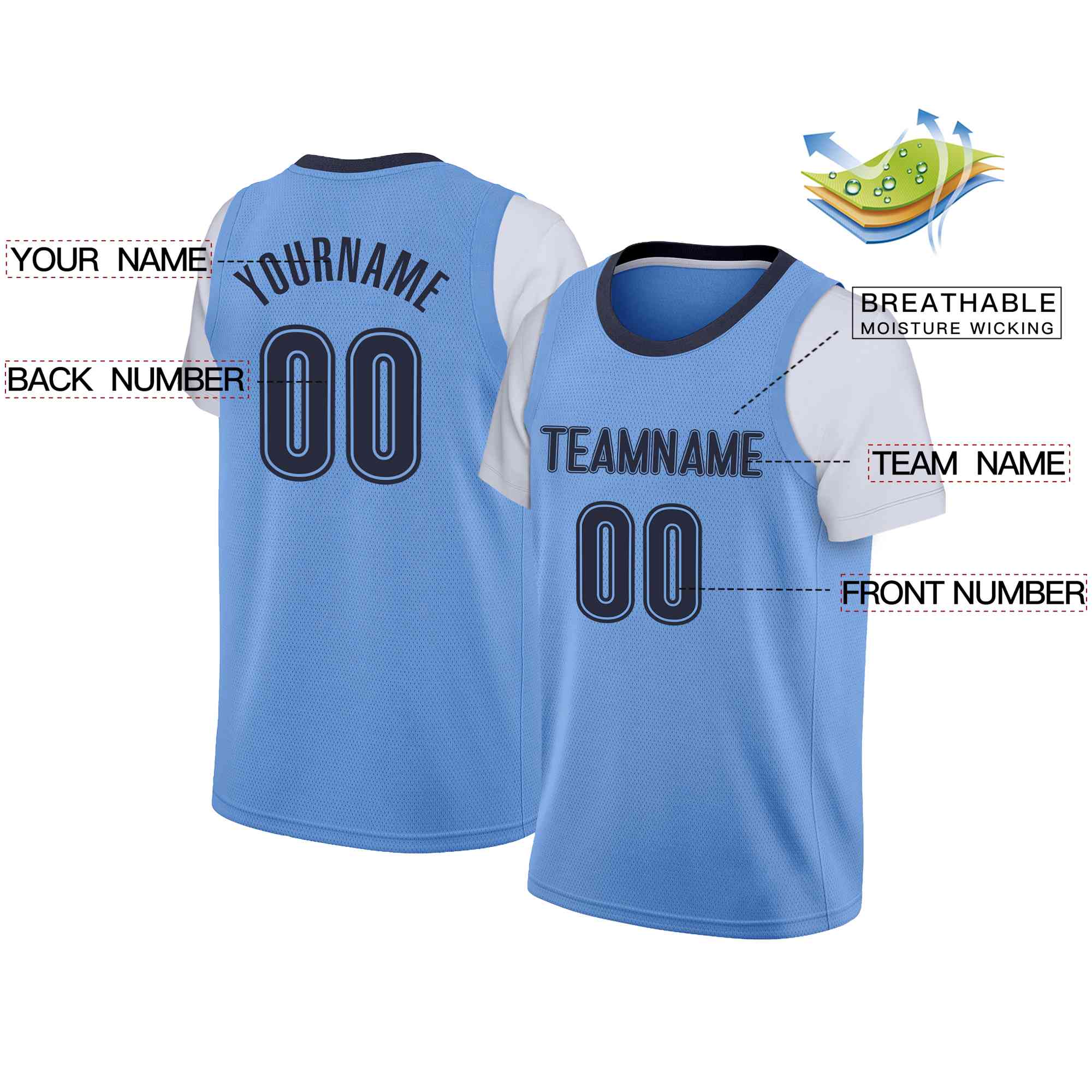 Custom Powder Blue Navy-Powder Blue Classic Tops Casual Fake Sleeve Basketball Jersey - Image 2