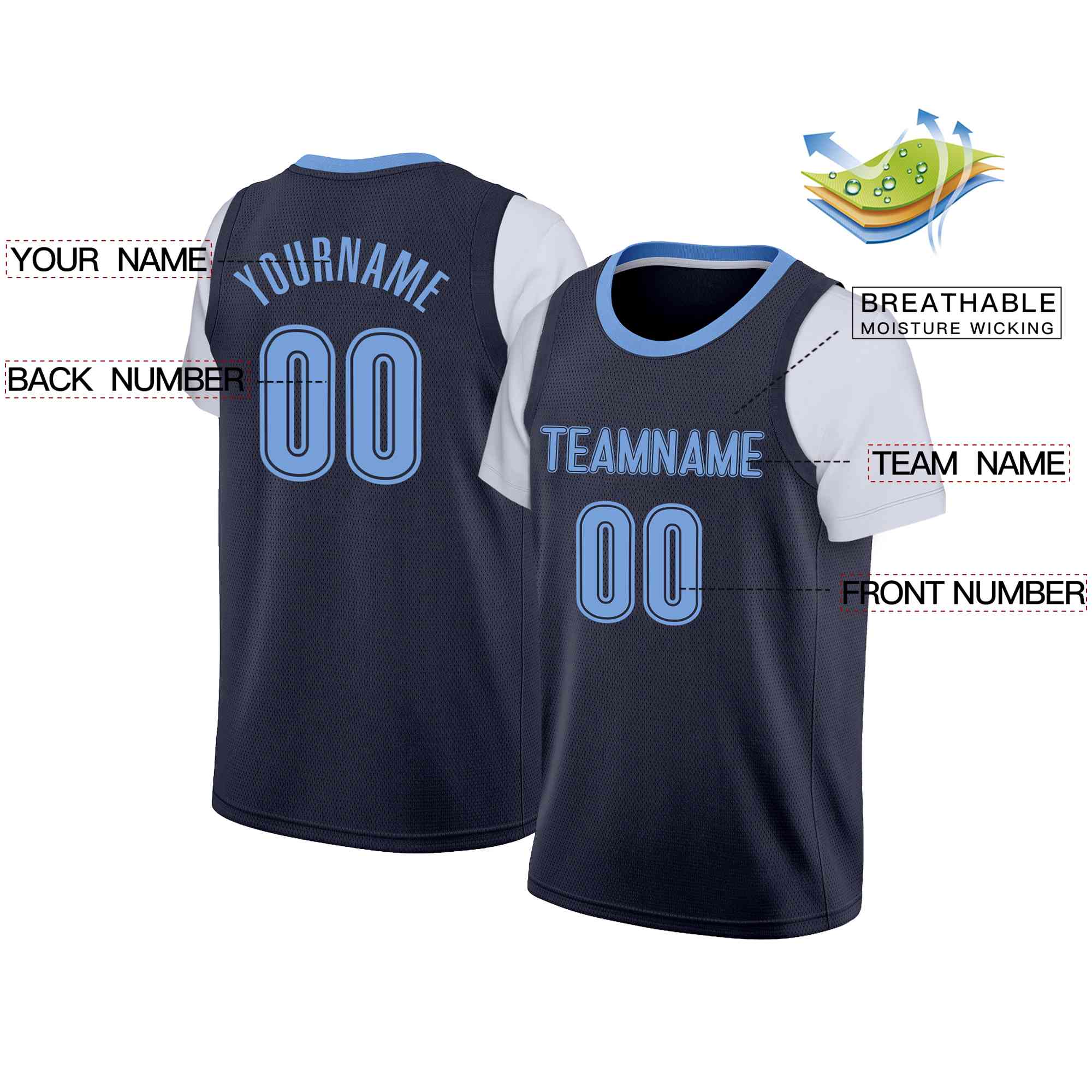 Custom Navy Powder Blue-Navy Classic Tops Casual Fake Sleeve Basketball Jersey - Image 2