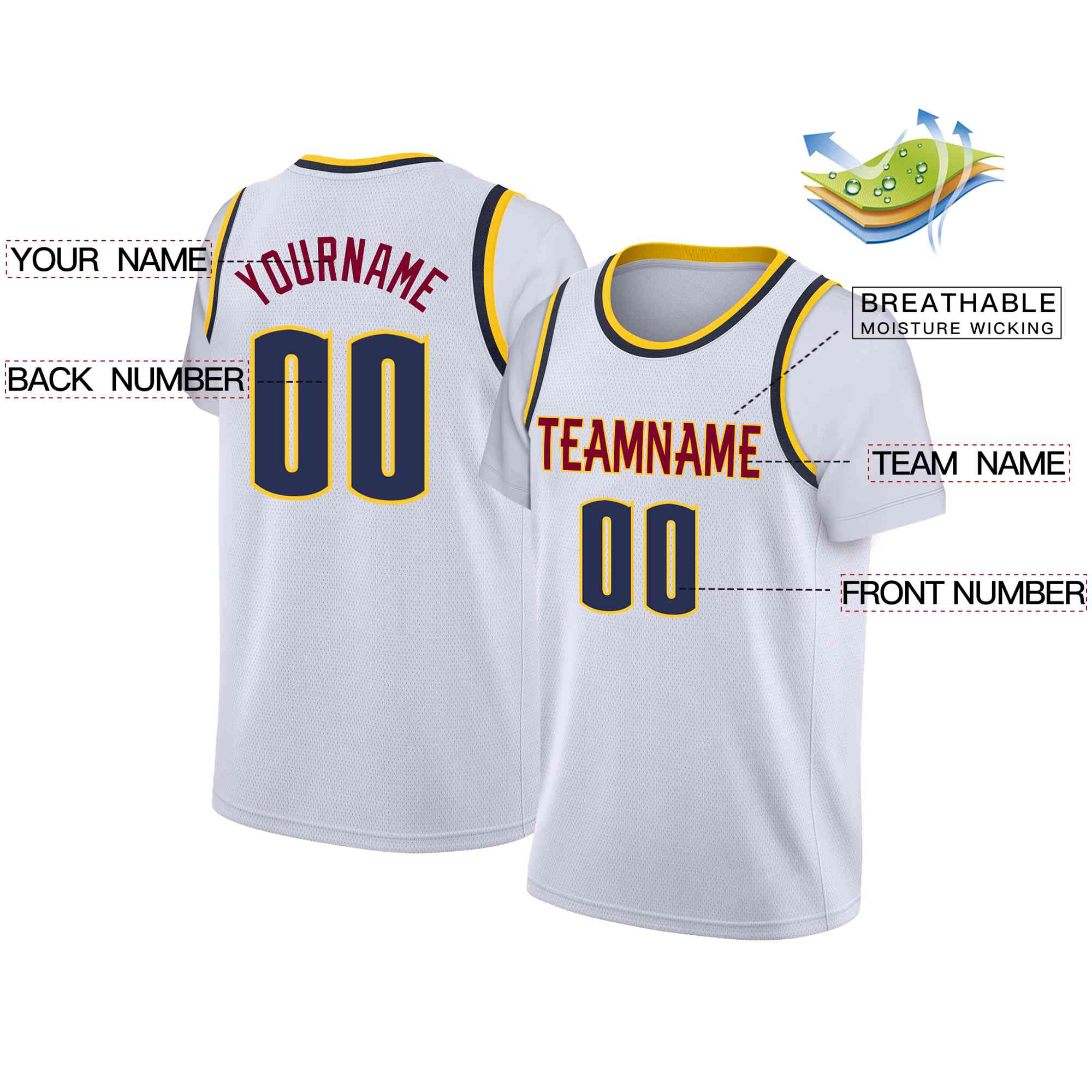 Custom White Red-Yellow Classic Tops Casual Fake Sleeve Basketball Jersey - Image 2