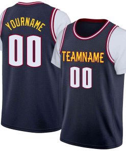Custom Navy Yellow-Red Classic Tops Casual Fake Sleeve Basketball Jersey