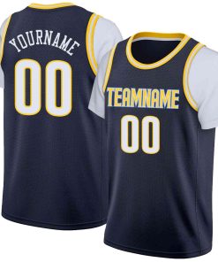 Custom Navy Yellow-Light Blue Classic Tops Casual Fake Sleeve Basketball Jersey