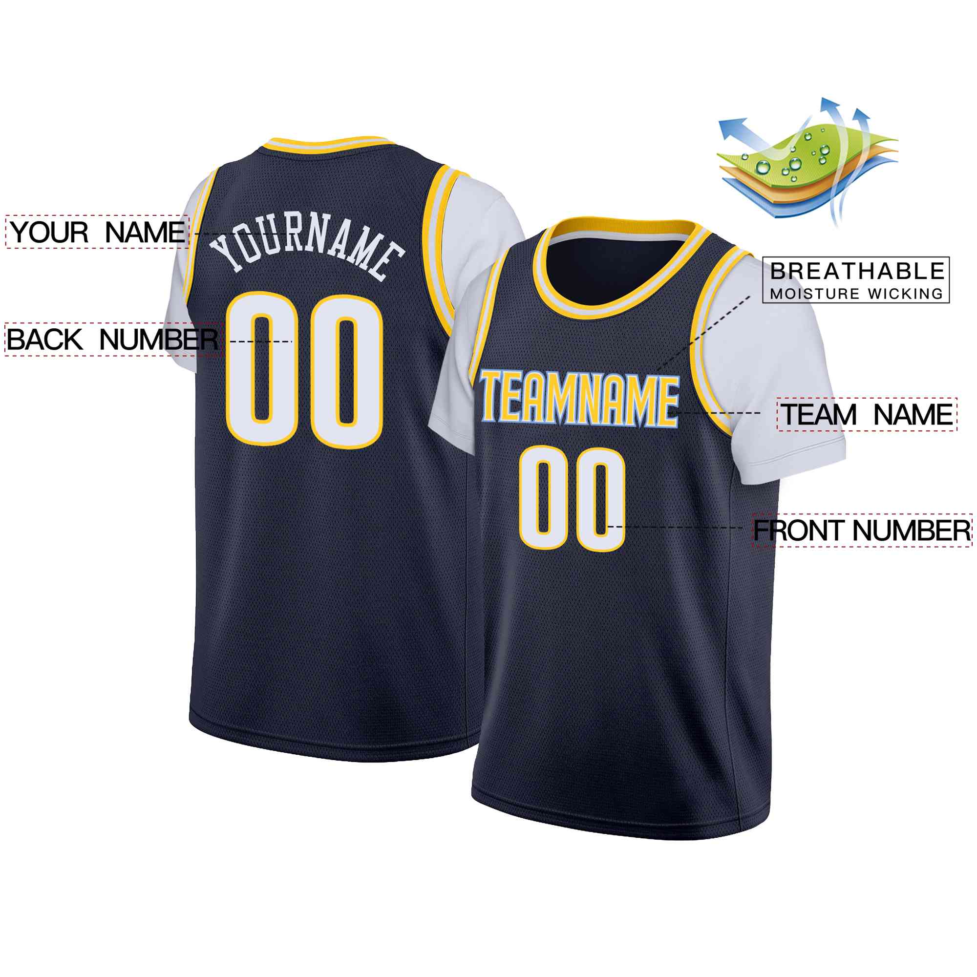 Custom Navy Yellow-Light Blue Classic Tops Casual Fake Sleeve Basketball Jersey - Image 2