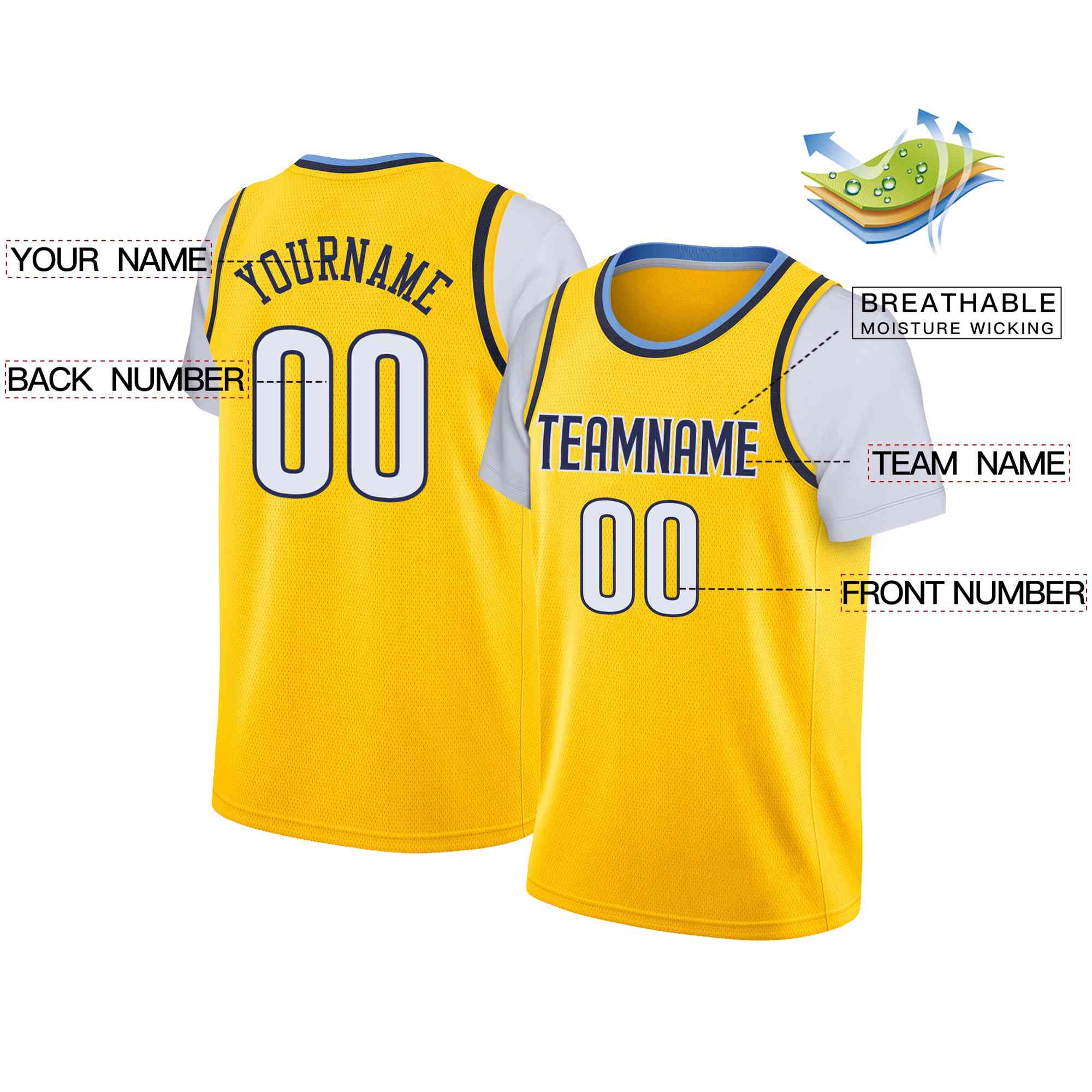 Custom Yellow Navy-White Classic Tops Casual Fake Sleeve Basketball Jersey - Image 2