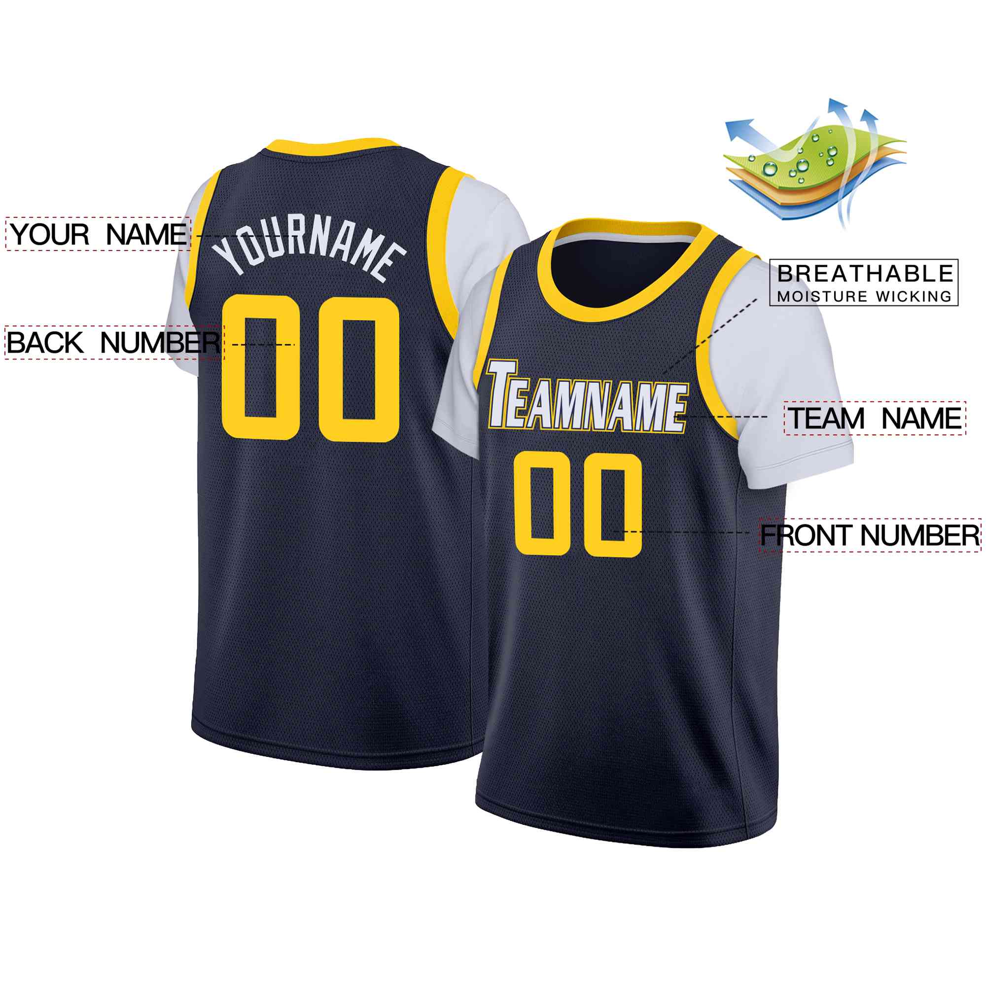 Custom Navy White-Navy Classic Tops Casual Fake Sleeve Basketball Jersey - Image 2