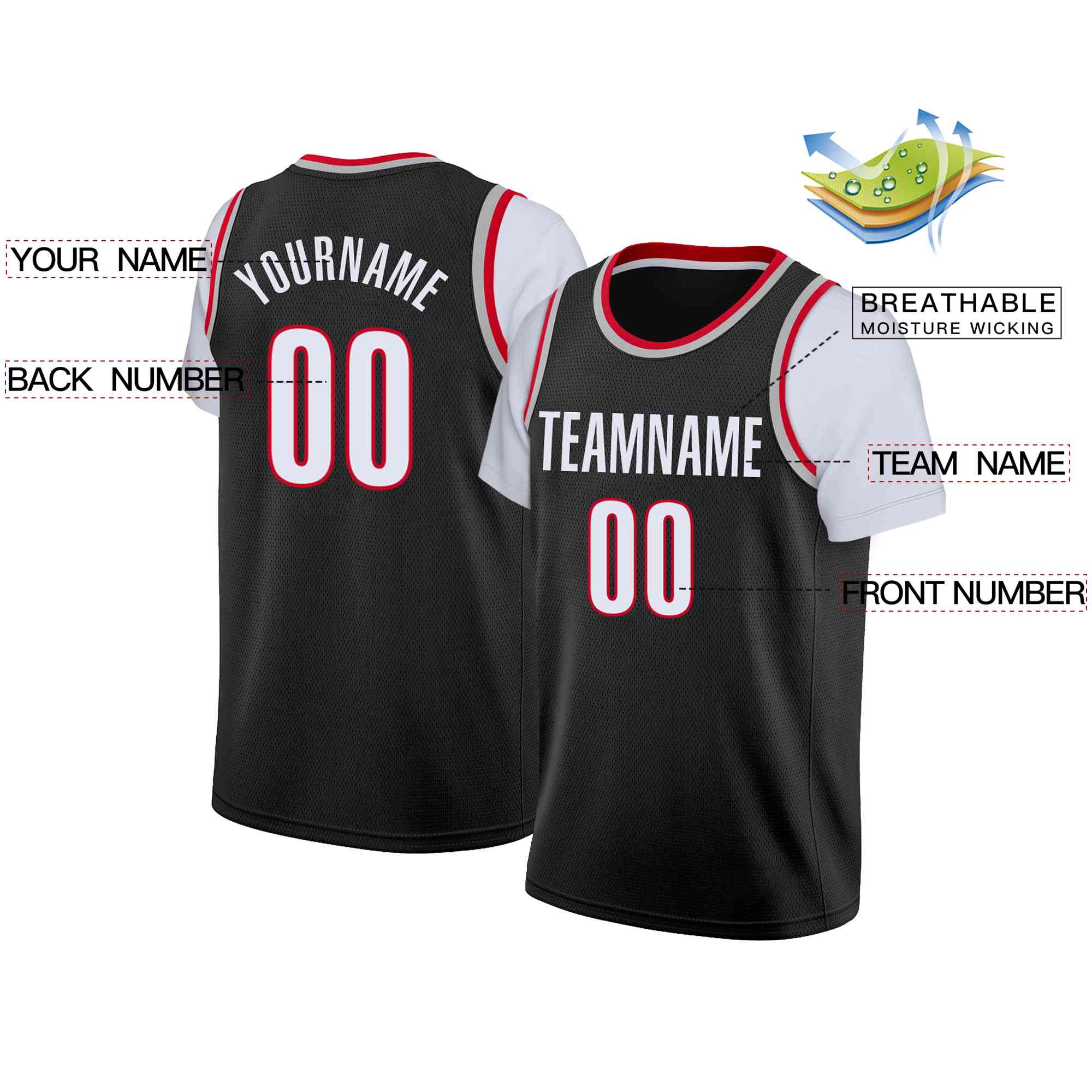 Custom Black White Classic Tops Casual Fake Sleeve Basketball Jersey - Image 2