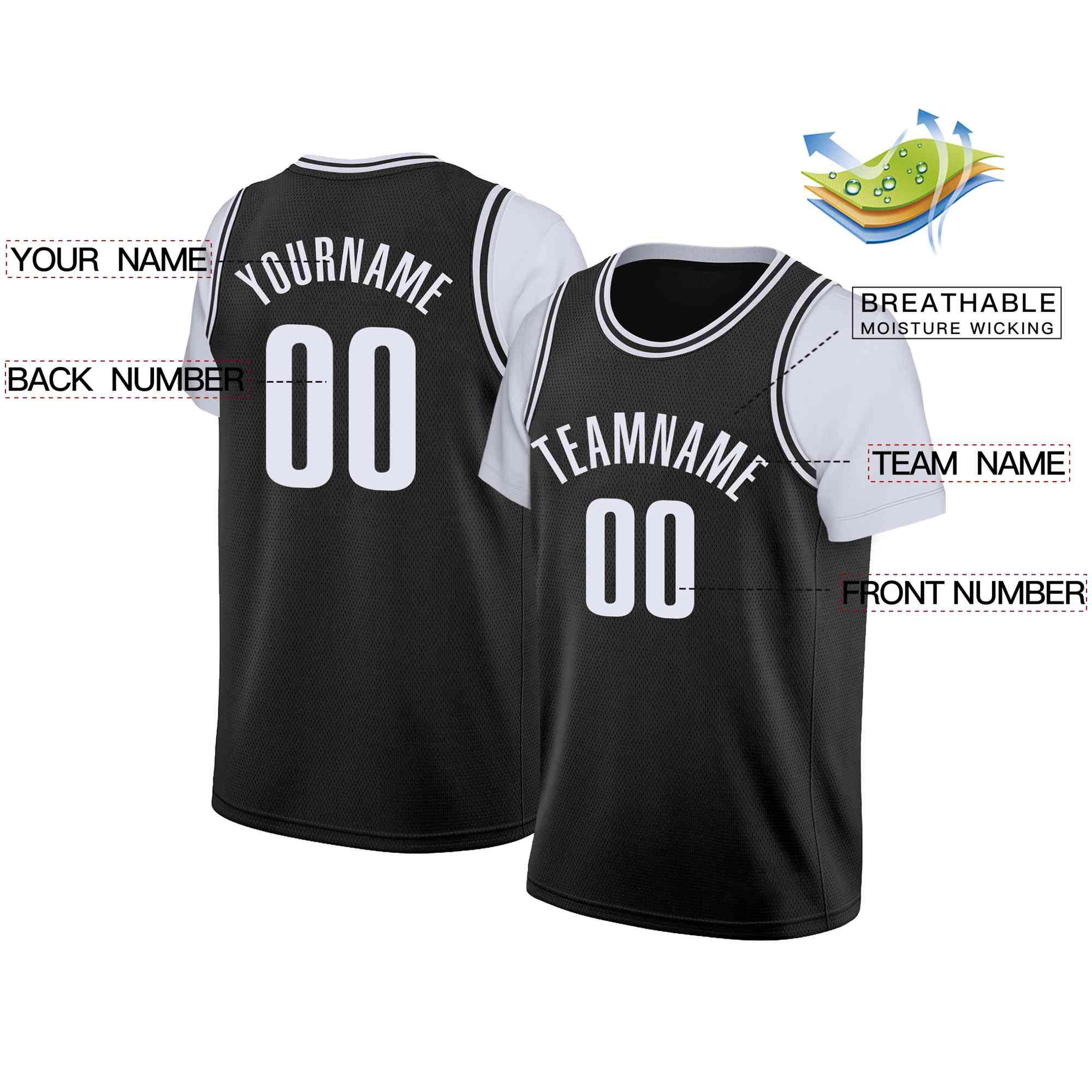 Custom Black White Classic Tops Casual Fake Sleeve Basketball Jersey - Image 2