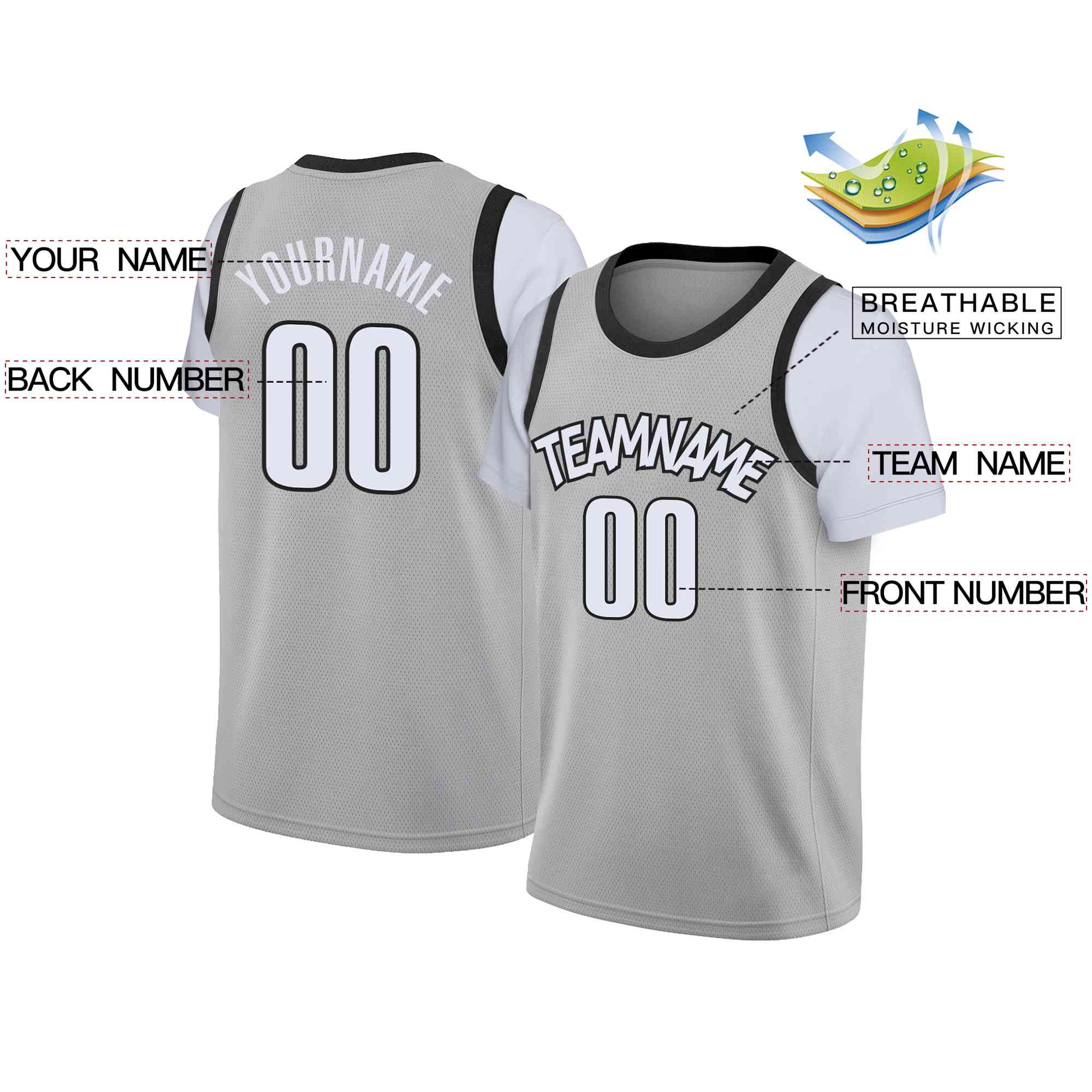 Custom Gray White-Black Classic Tops Casual Fake Sleeve Basketball Jersey - Image 2
