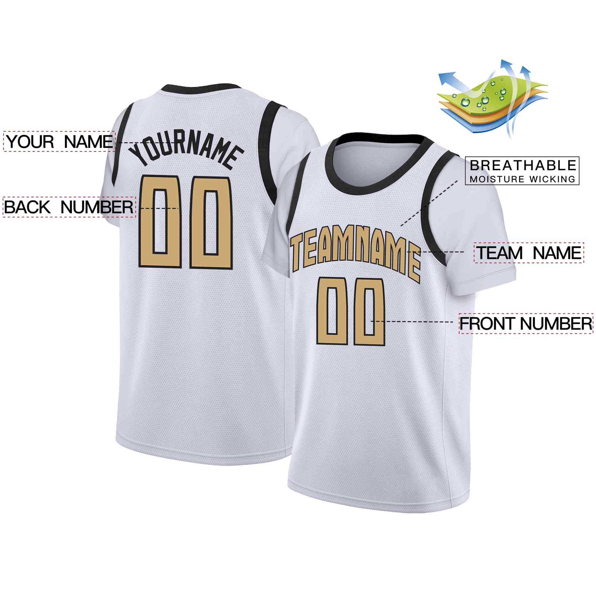 Custom White Old Gold-Black Classic Tops Casual Fake Sleeve Basketball Jersey - Image 2