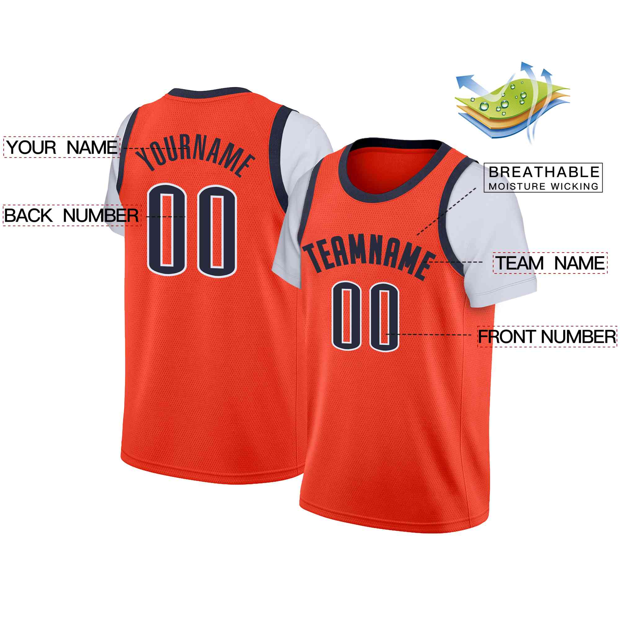 Custom Orange Navy Classic Tops Casual Fake Sleeve Basketball Jersey - Image 2