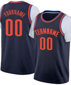 Custom Navy Orange Classic Tops Casual Fake Sleeve Basketball Jersey