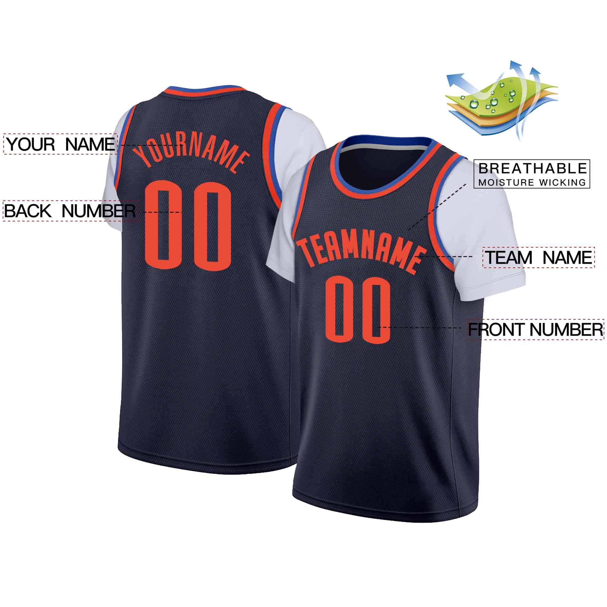 Custom Navy Orange Classic Tops Casual Fake Sleeve Basketball Jersey - Image 2