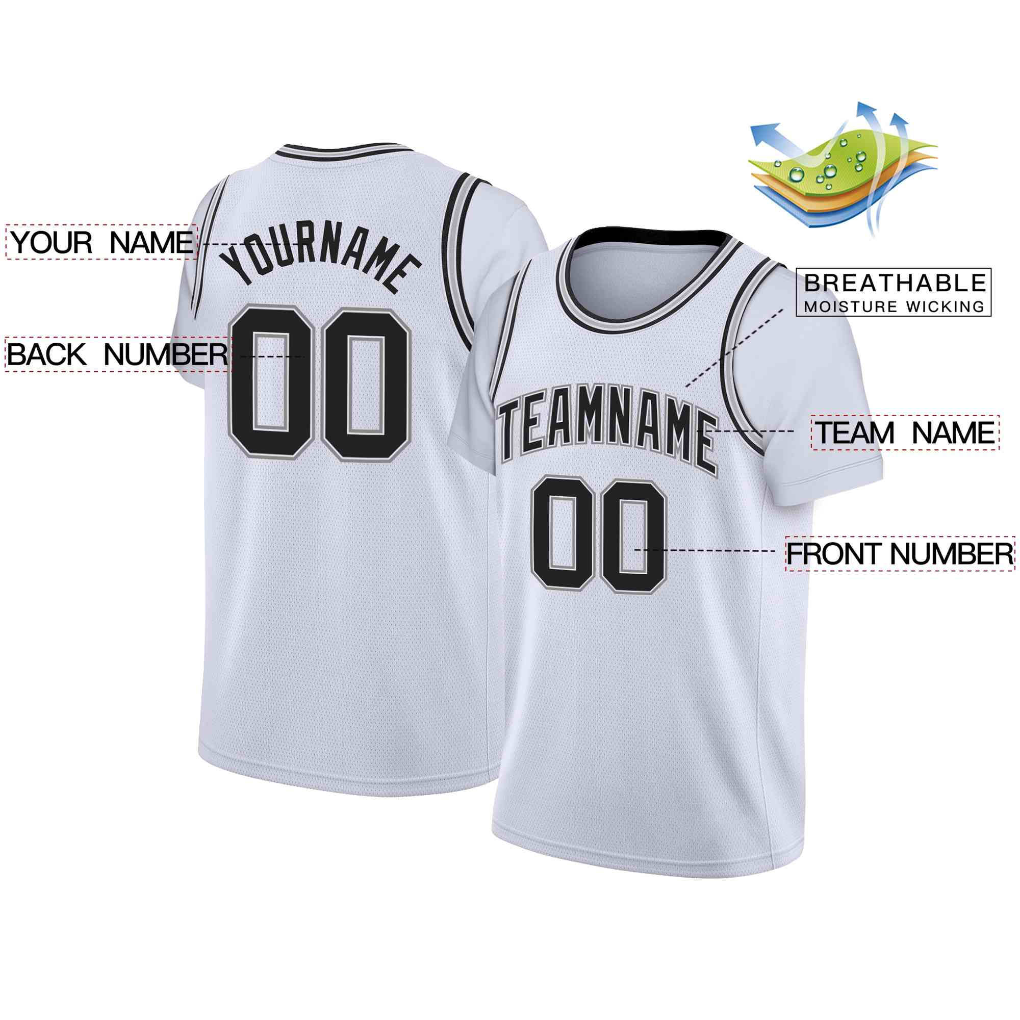 Custom White Black-White Classic Tops Casual Fake Sleeve Basketball Jersey - Image 2