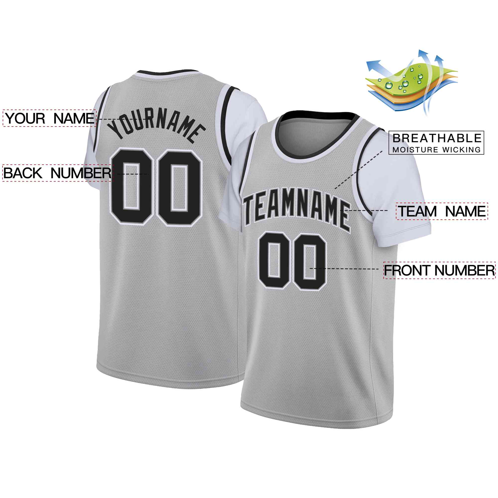 Custom Gray Black-White Classic Tops Casual Fake Sleeve Basketball Jersey - Image 2
