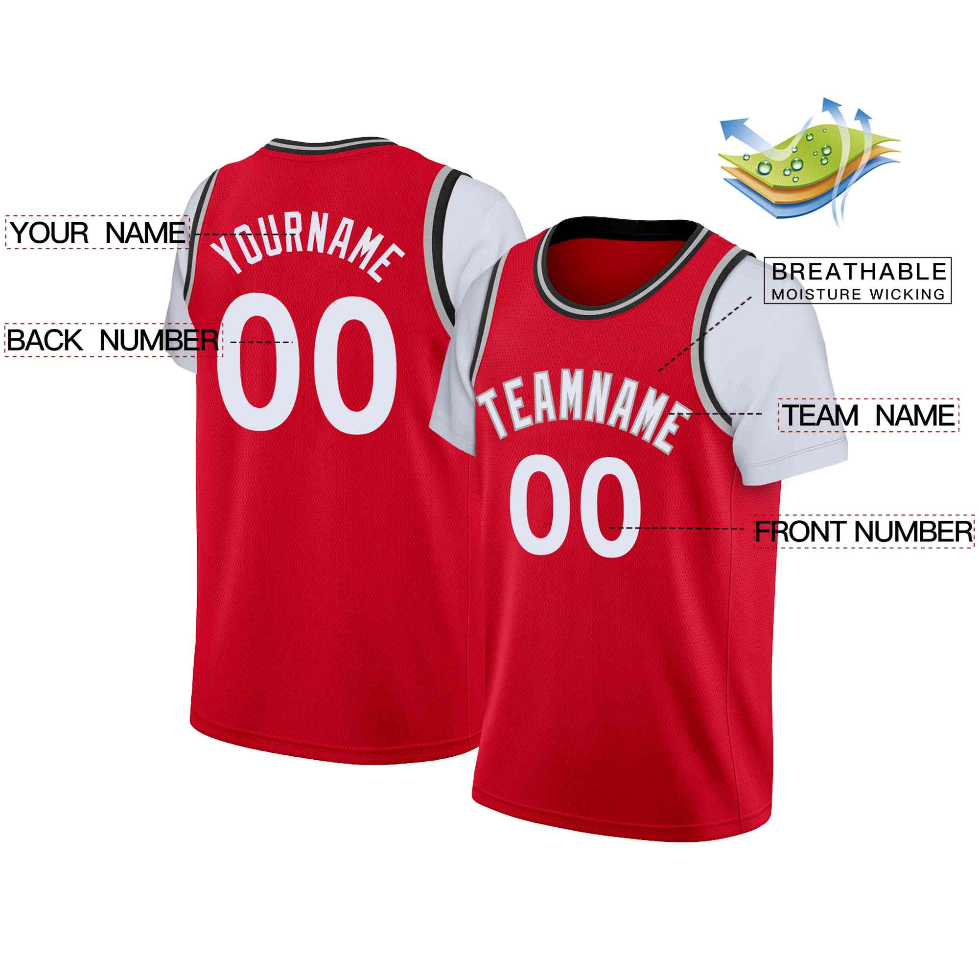 Custom Red White-Gray Classic Tops Casual Fake Sleeve Basketball Jersey - Image 2