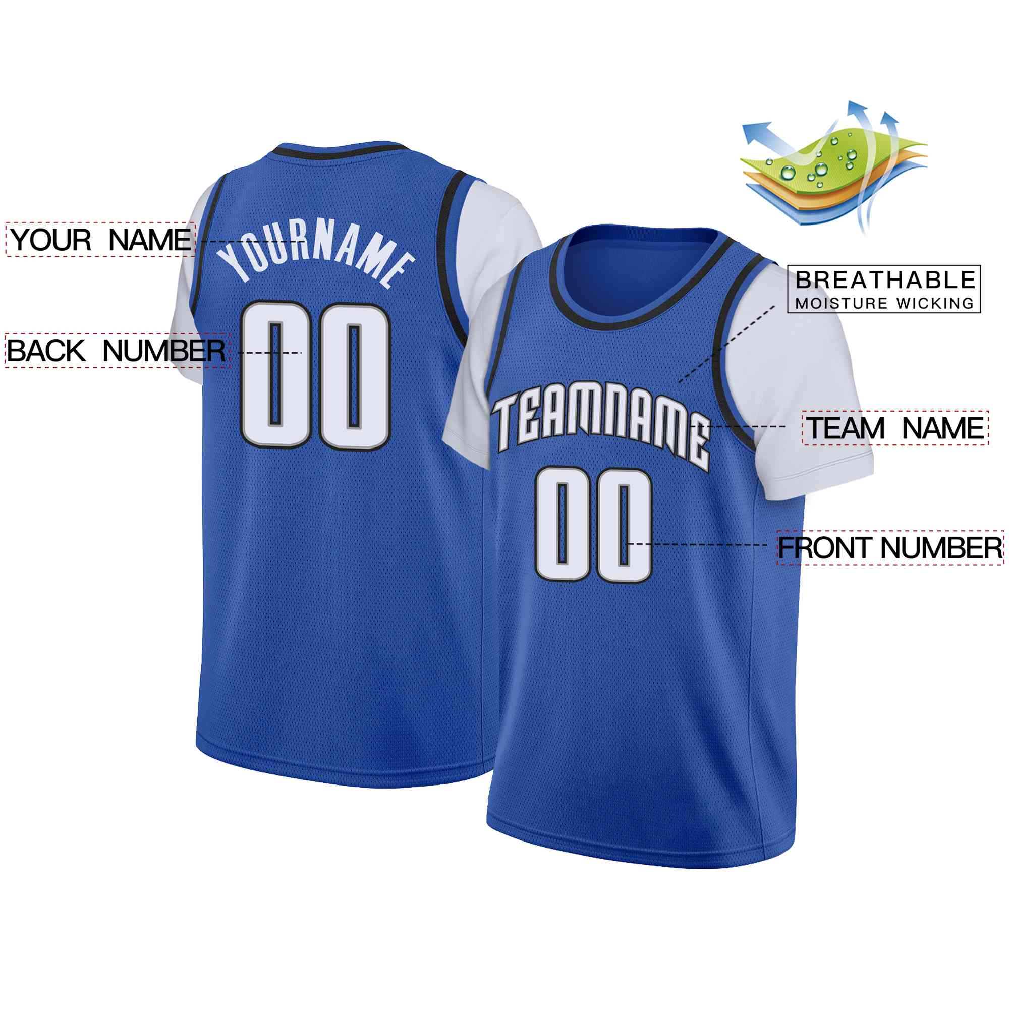 Custom Royal White-Gray Classic Tops Casual Fake Sleeve Basketball Jersey - Image 2