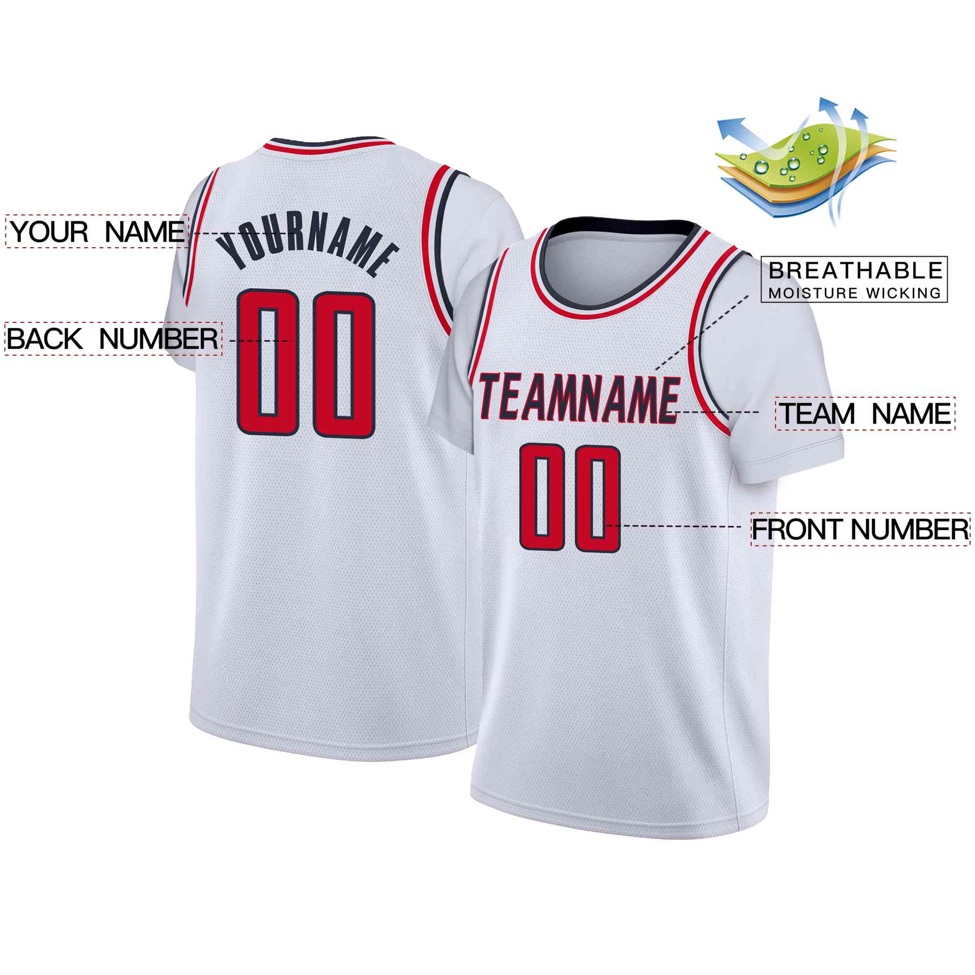 Custom White Black-Red Classic Tops Casual Fake Sleeve Basketball Jersey - Image 2