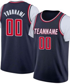 Custom Navy White-Red Classic Tops Casual Fake Sleeve Basketball Jersey