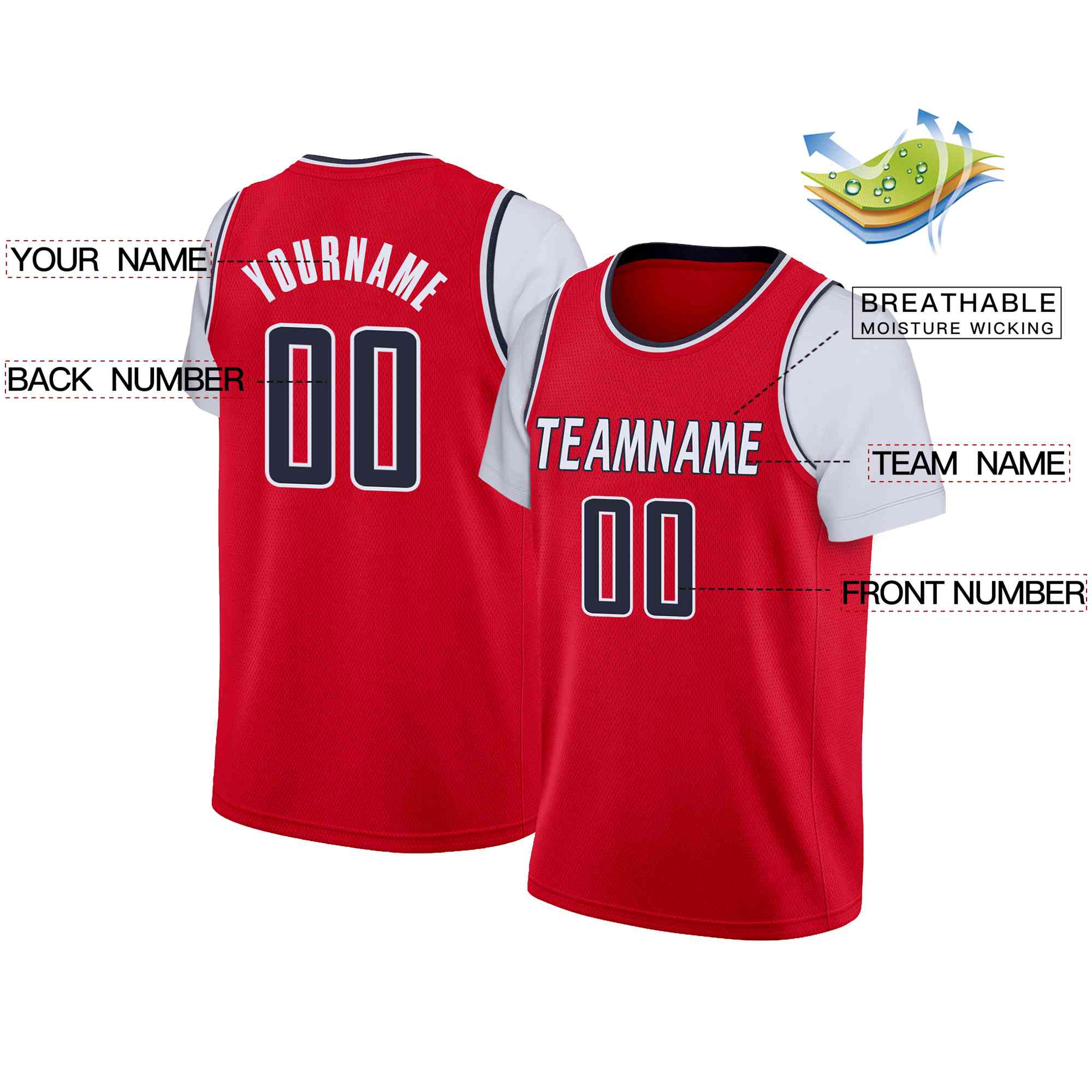 Custom Red White-Black Classic Tops Casual Fake Sleeve Basketball Jersey - Image 2