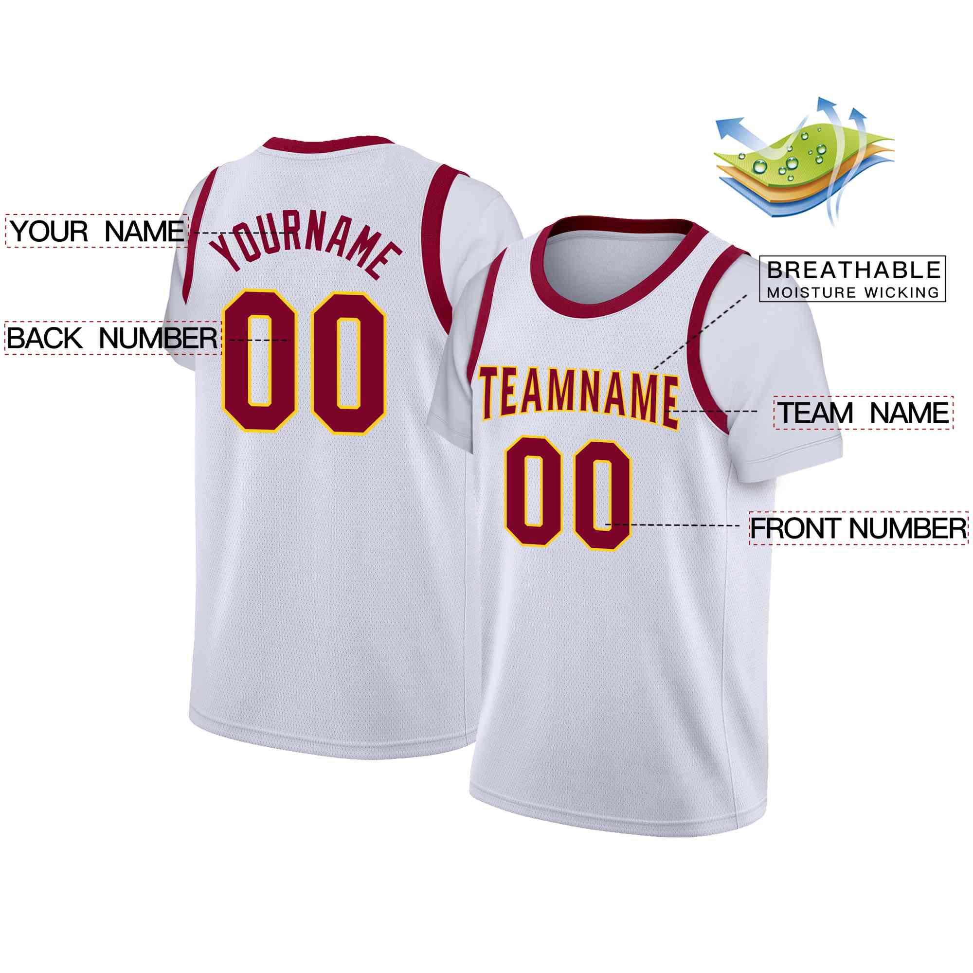 Custom White Maroon-Yellow Classic Tops Casual Fake Sleeve Basketball Jersey - Image 2
