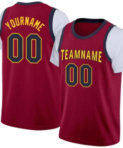 Custom Maroon Yellow-Navy Classic Tops Casual Fake Sleeve Basketball Jersey