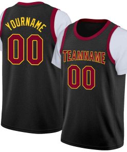 Custom Black Maroon-Yellow Classic Tops Casual Fake Sleeve Basketball Jersey